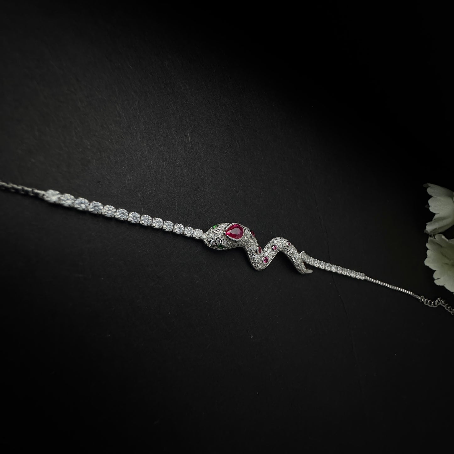 Silver Serpent Head Bracelet with Zircon Stones