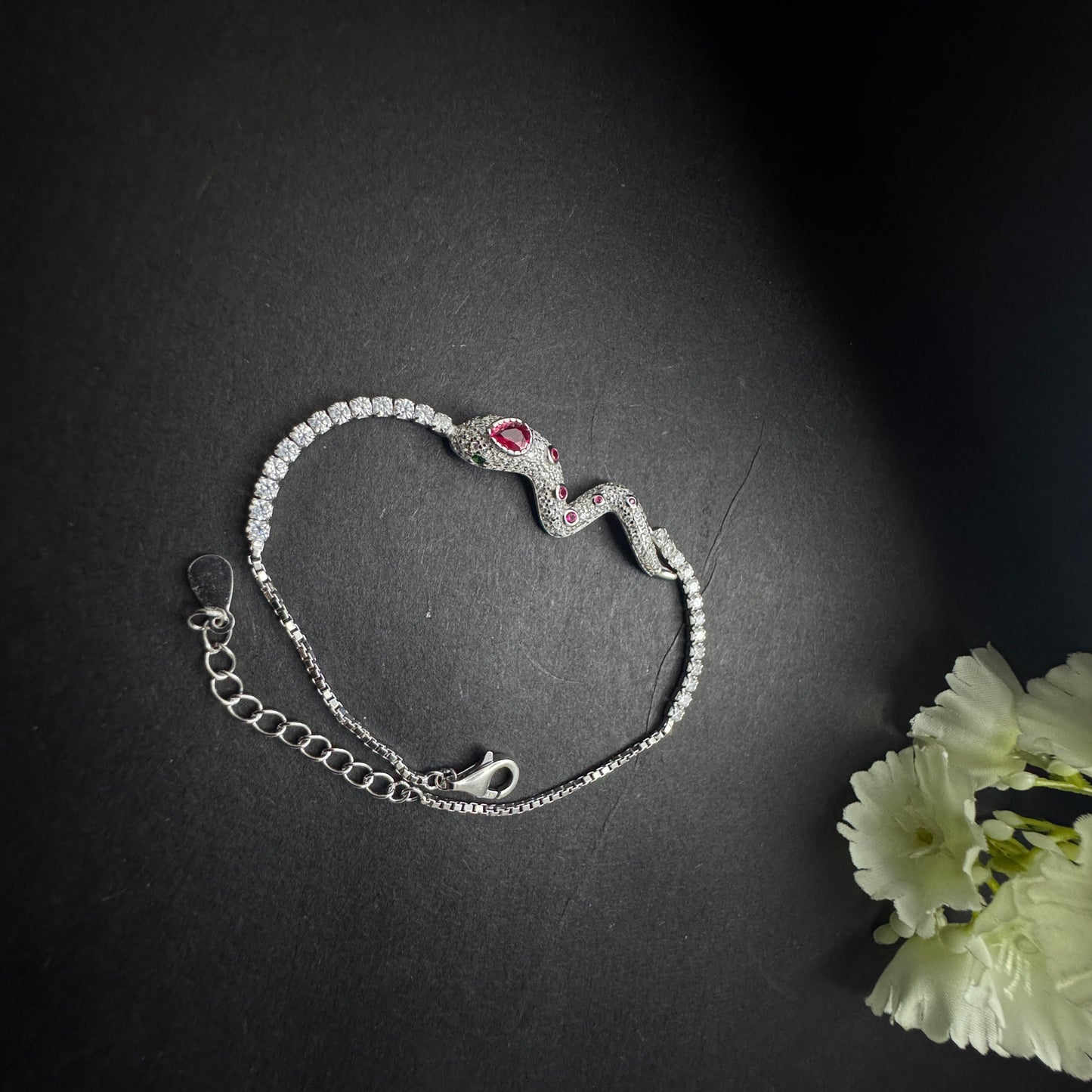 Silver Serpent Head Bracelet with Zircon Stones