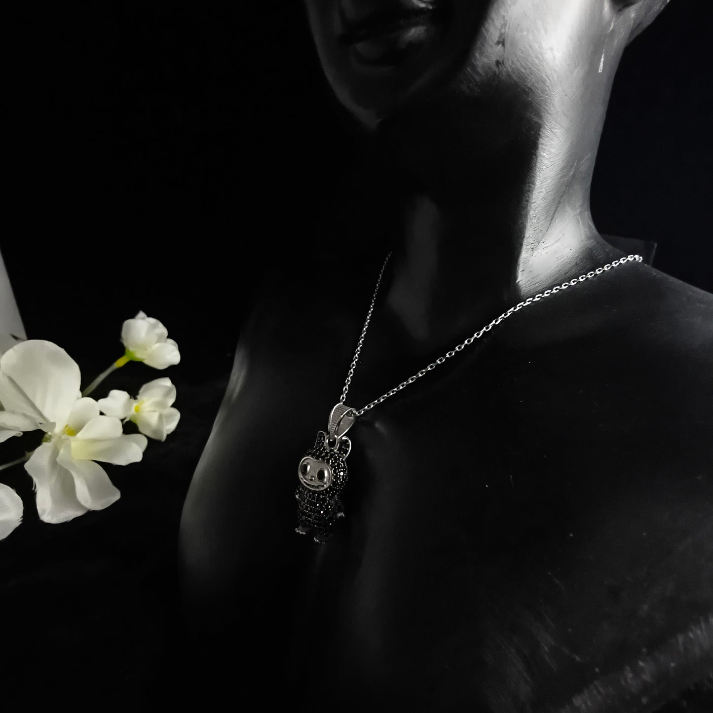 Silver Black Labubu Necklace