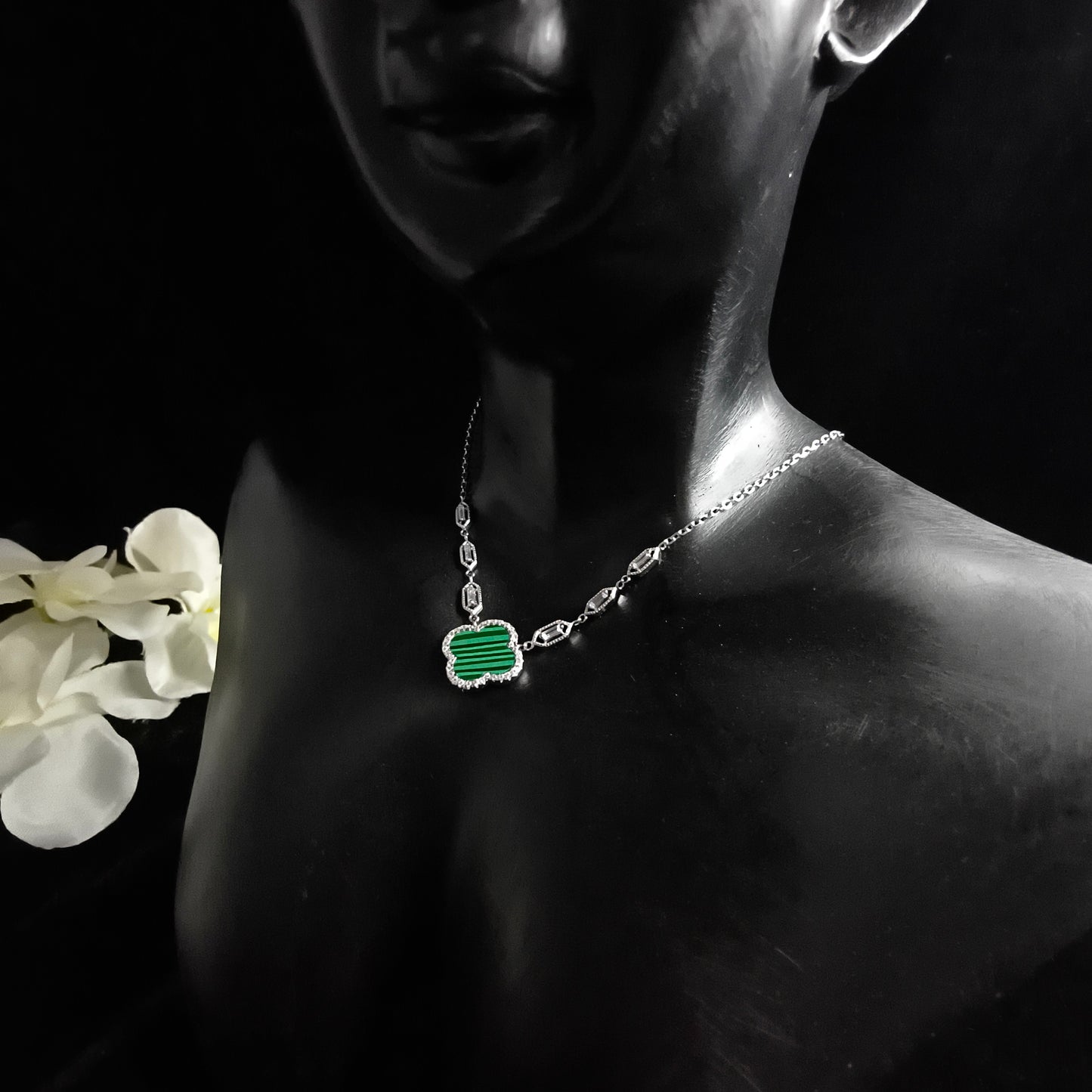 Silver Malachite Clover Necklace