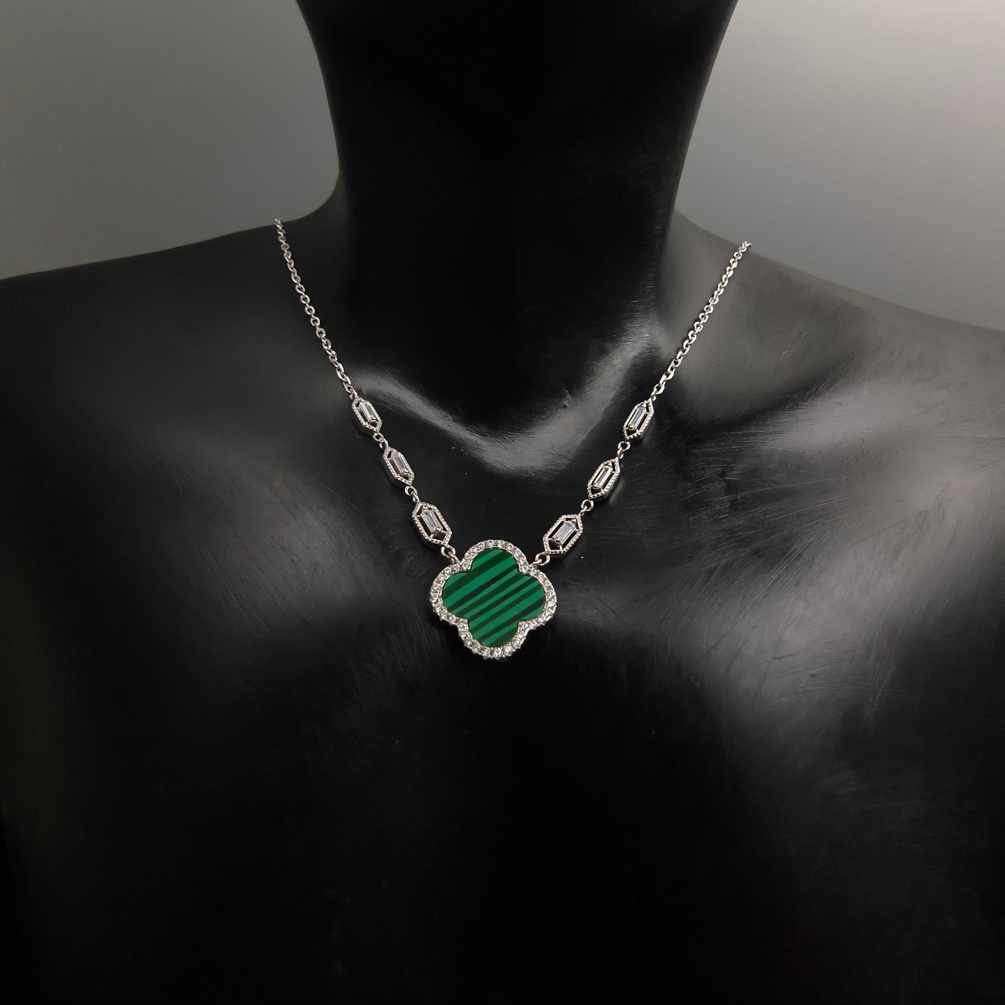 Silver Malachite Clover Necklace