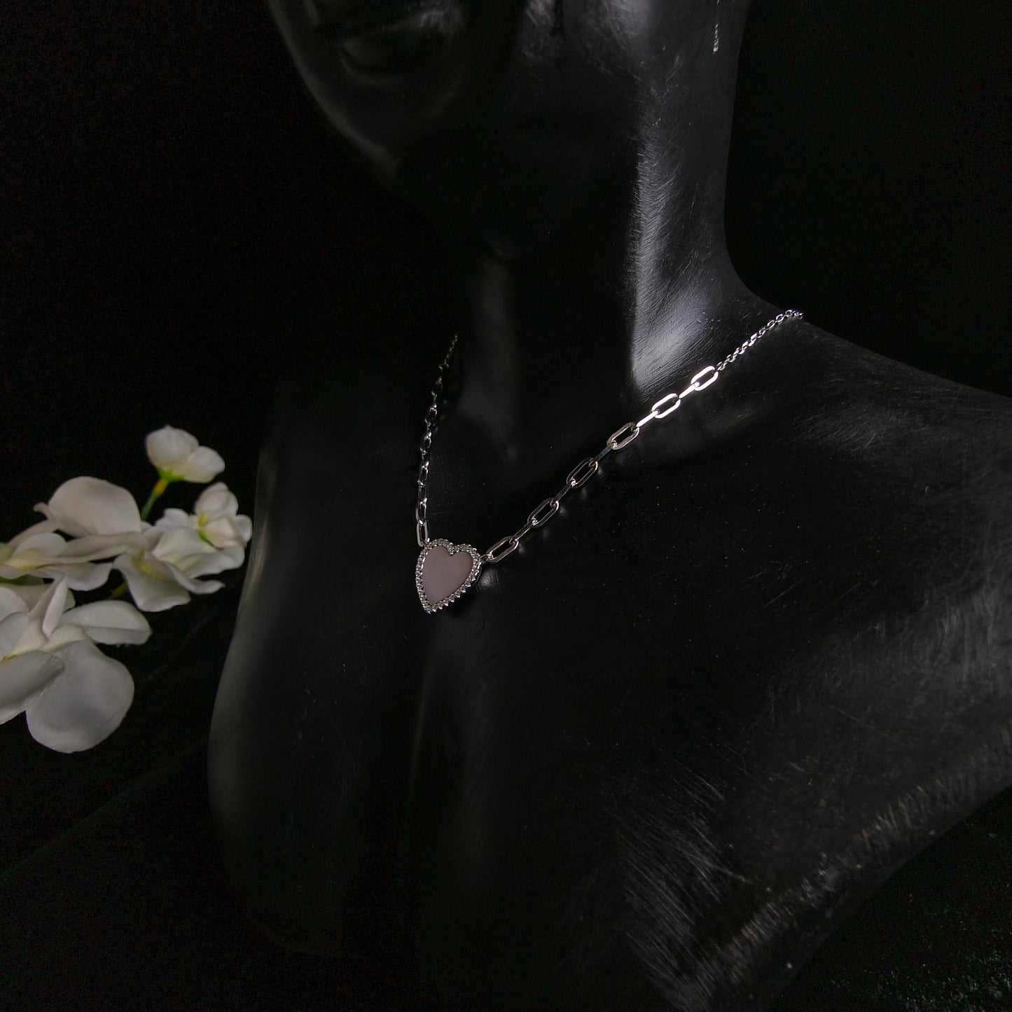 Silver Milky Quartz Heart Necklace