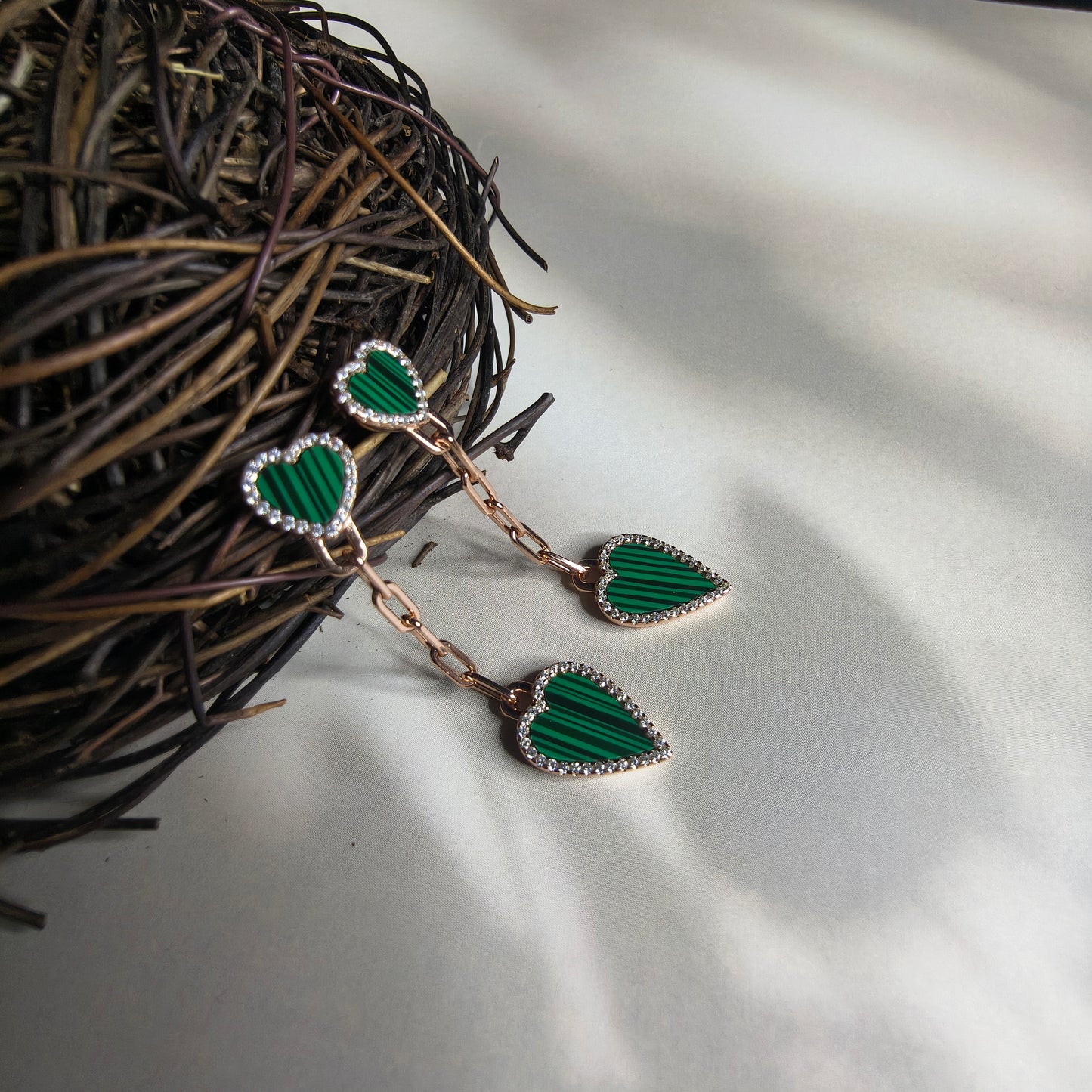 RoseGold Plated Silver Drop Heart Earrings in Green