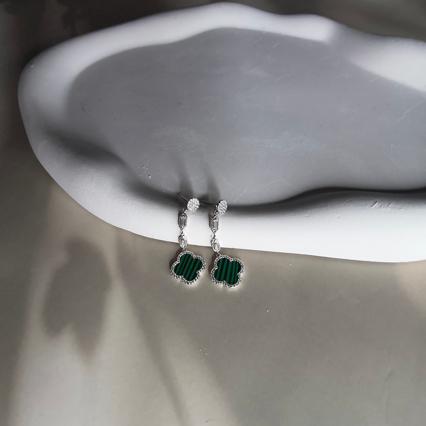 Silver Fourleaf Clover Statement Earrings in Green