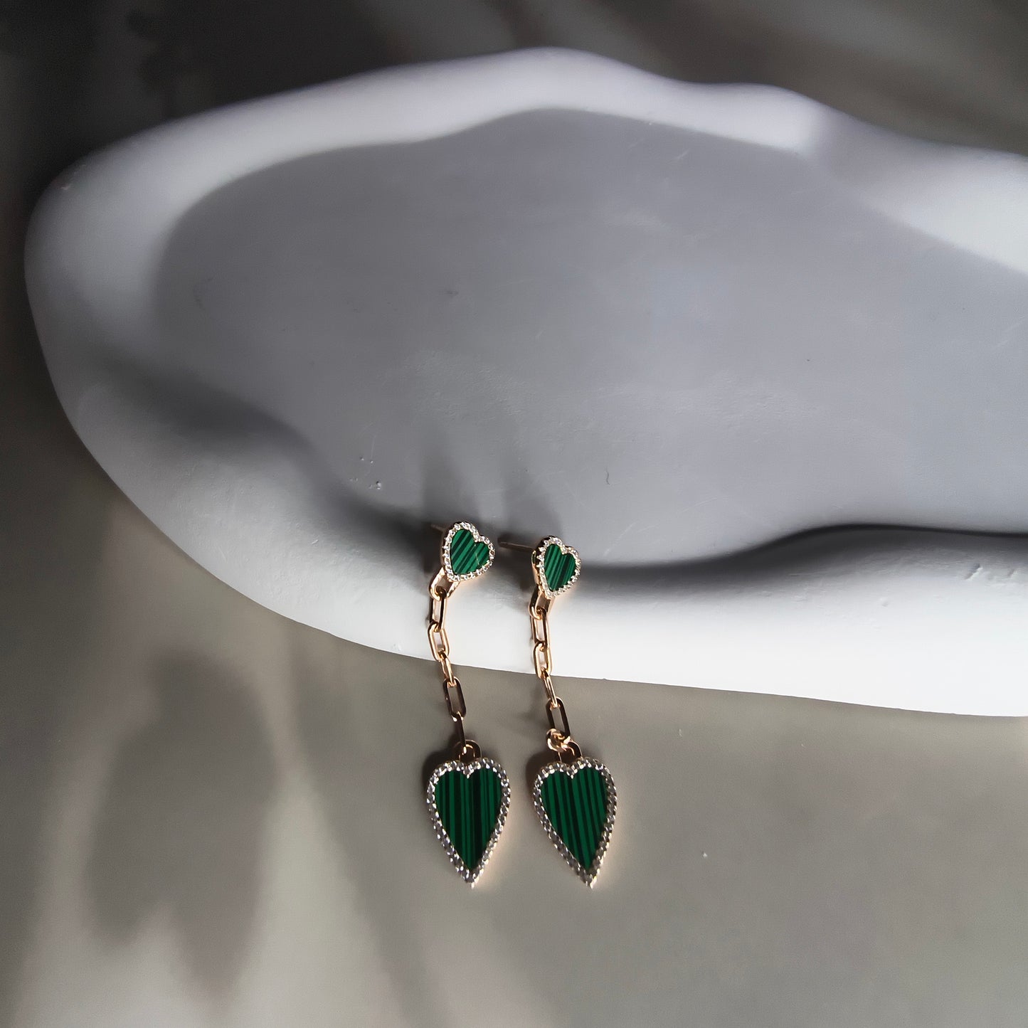 RoseGold Plated Silver Drop Heart Earrings in Green
