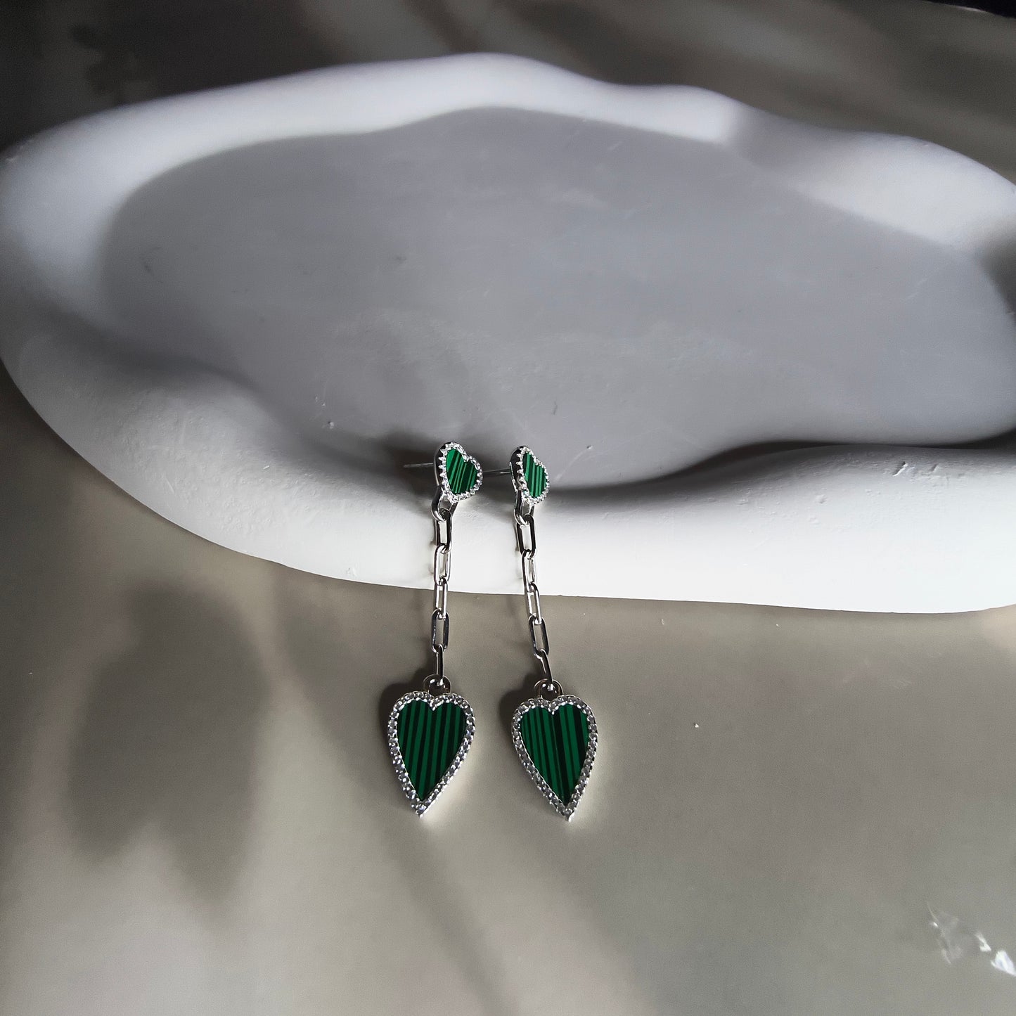 Silver Drop Heart Earrings in Green