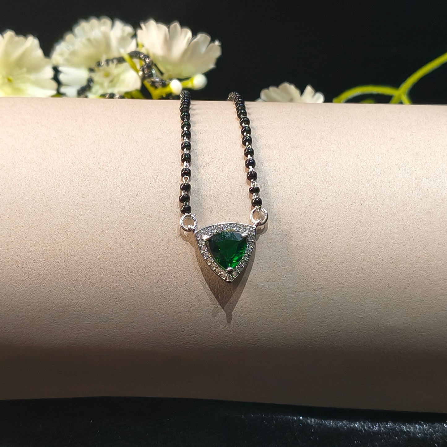 Silver Elegant Green Triangle Mangalsutra