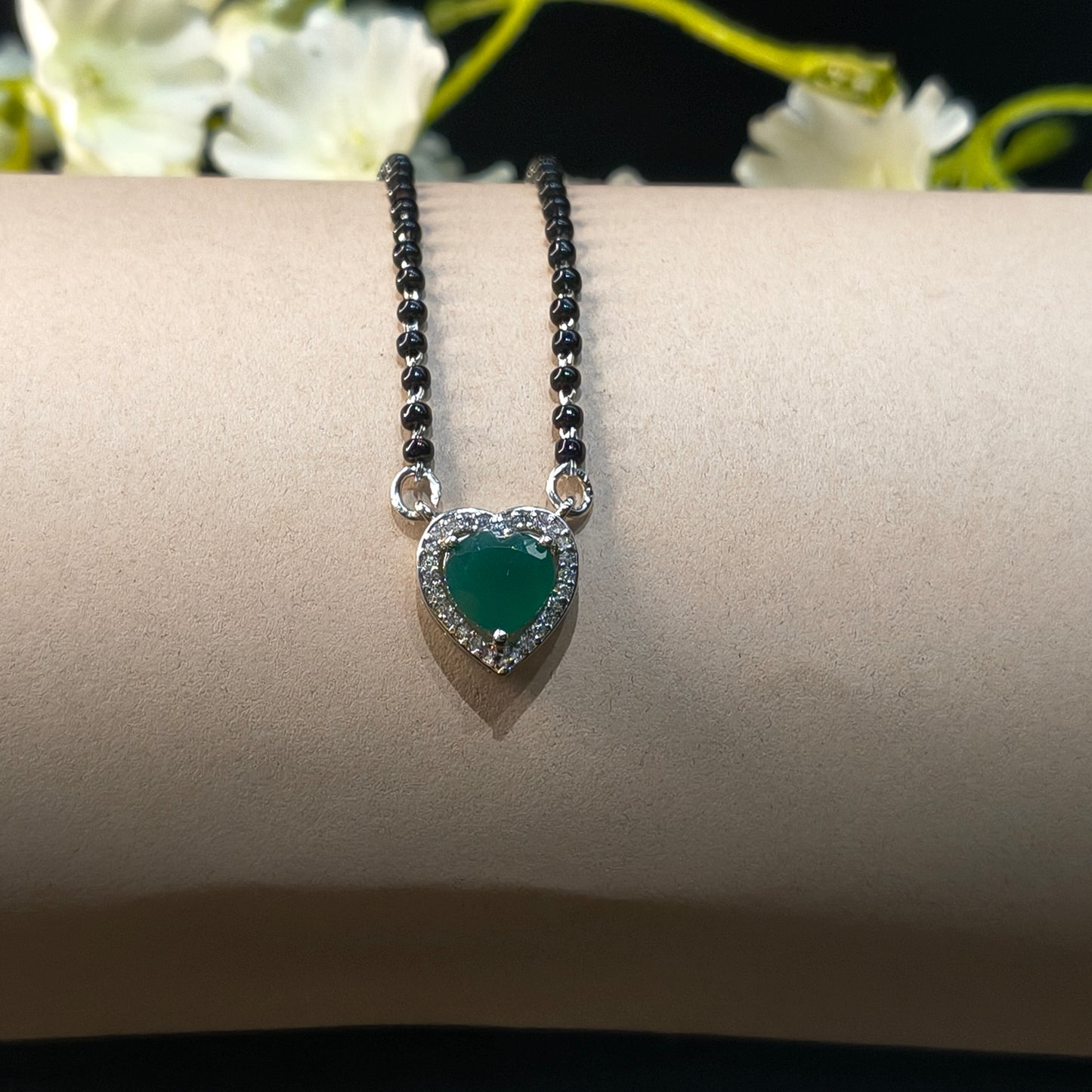 Silver Green Heart Pendant Mangalsutra