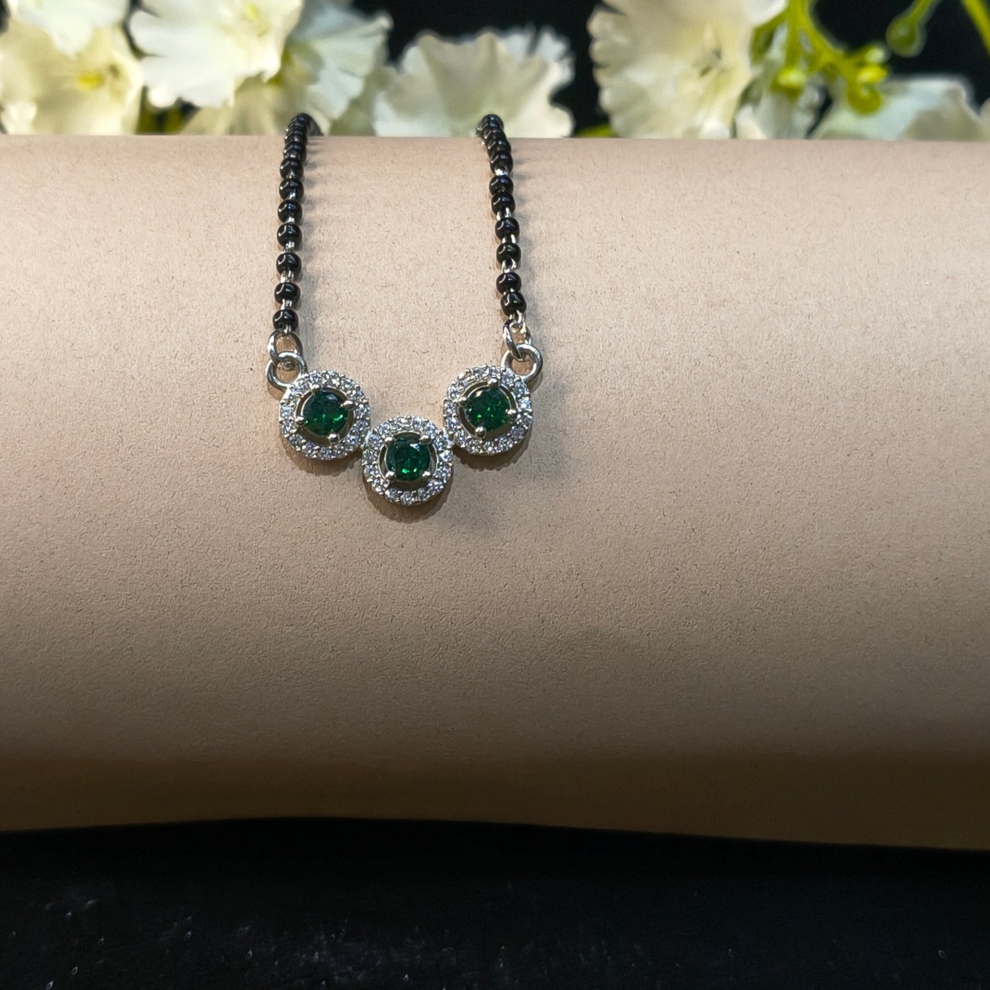 Silver Elegant TripleCircle Green Mangalsutra