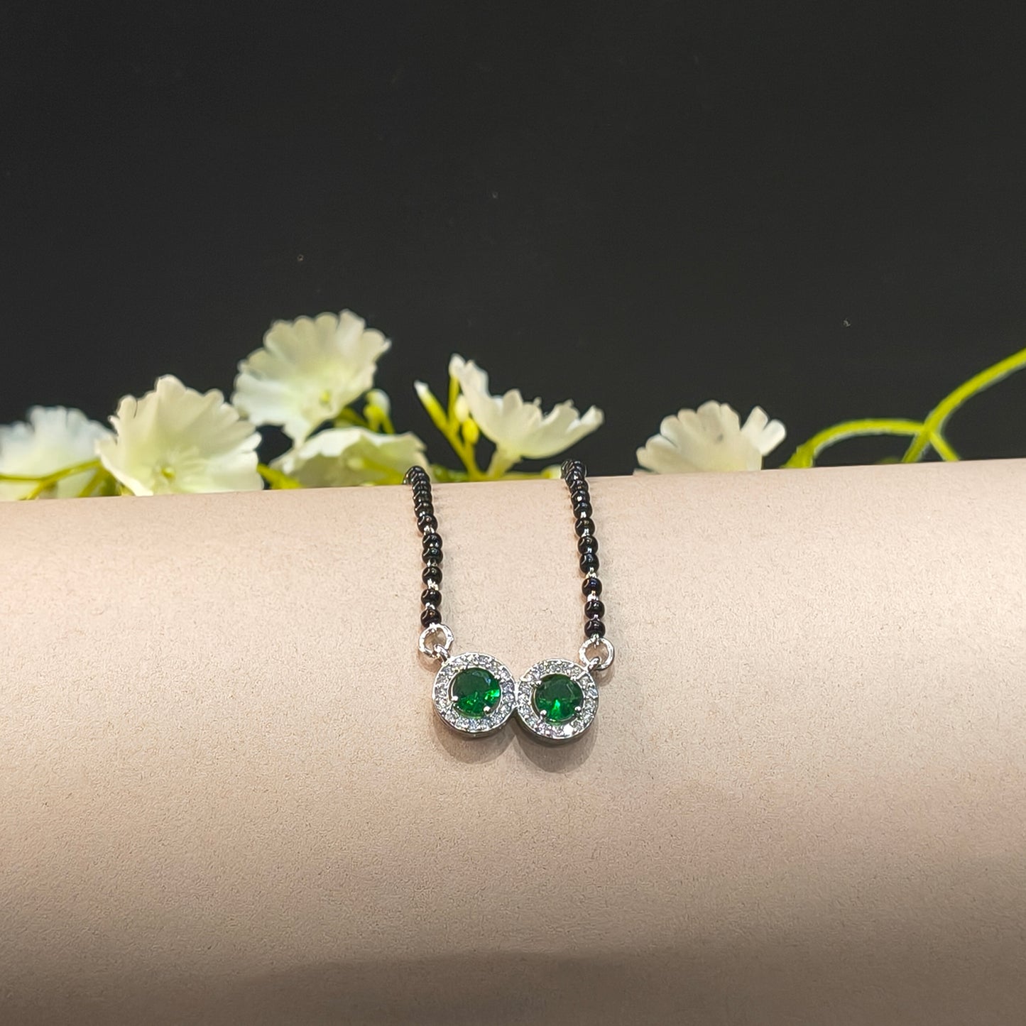 Silver Modern DoubleCircle Green Mangalsutra