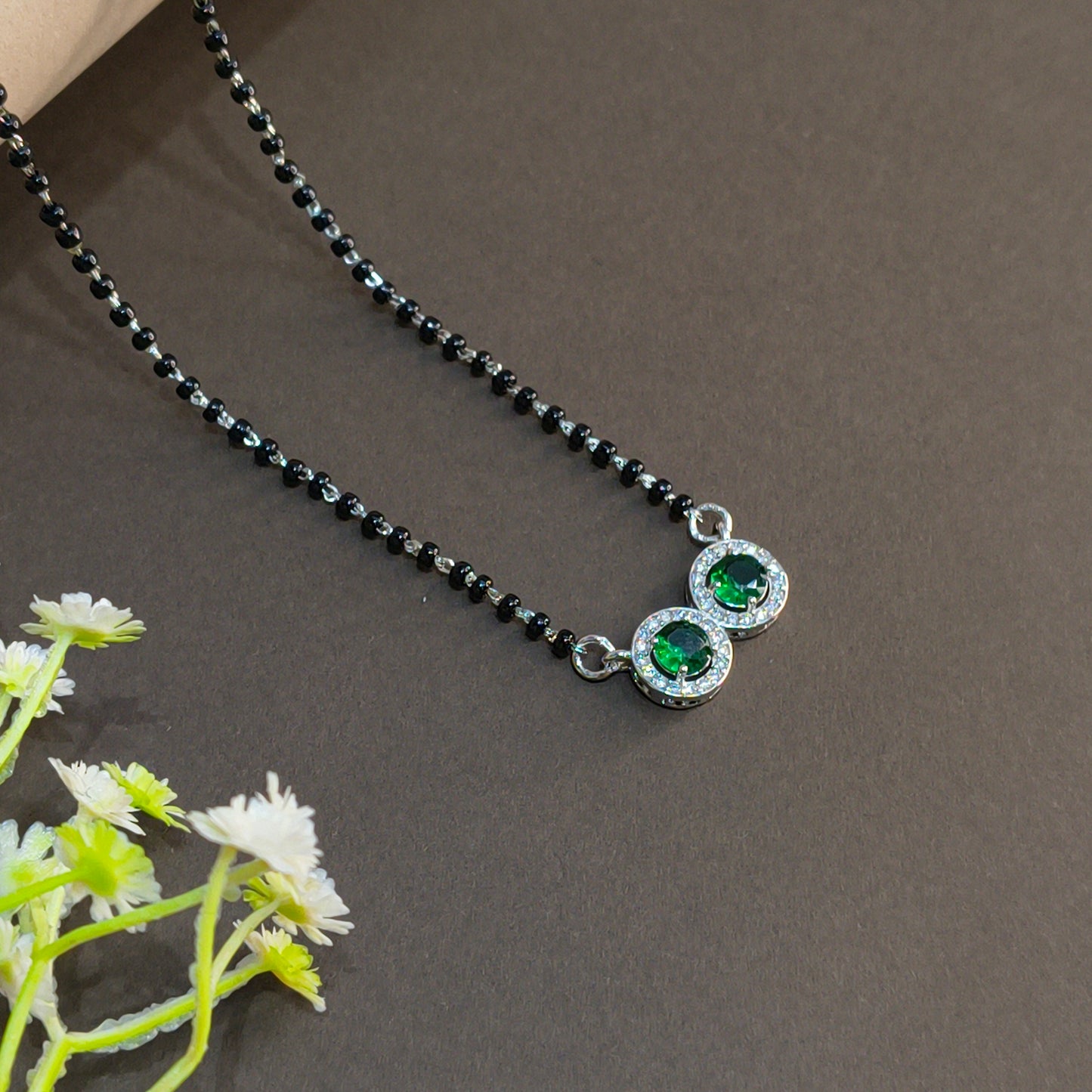 Silver Modern DoubleCircle Green Mangalsutra