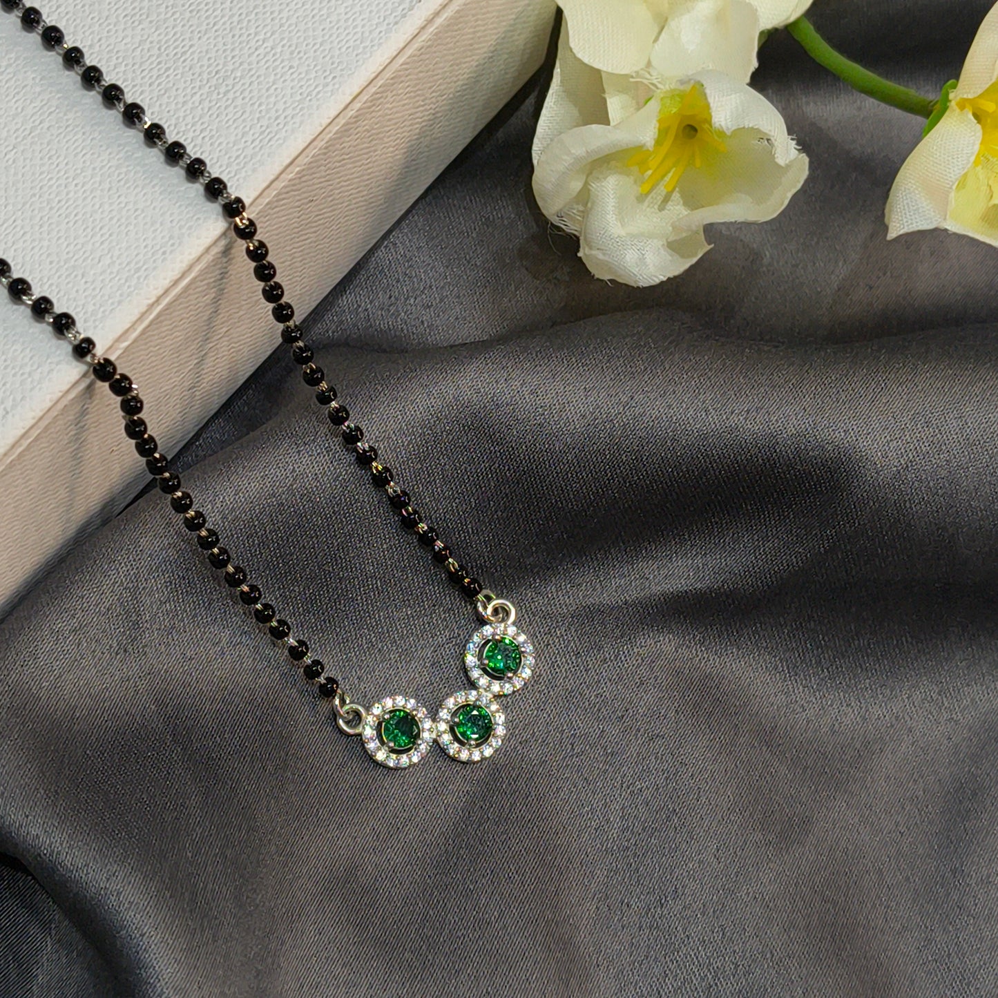 Silver Elegant TripleCircle Green Mangalsutra