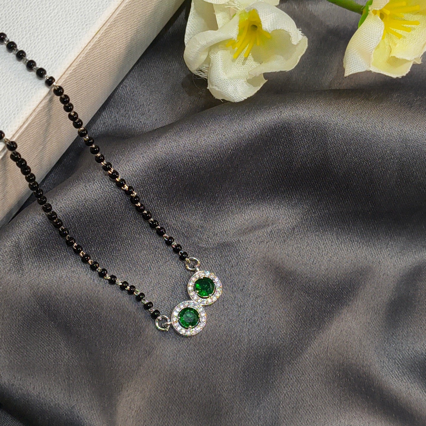 Silver Modern DoubleCircle Green Mangalsutra