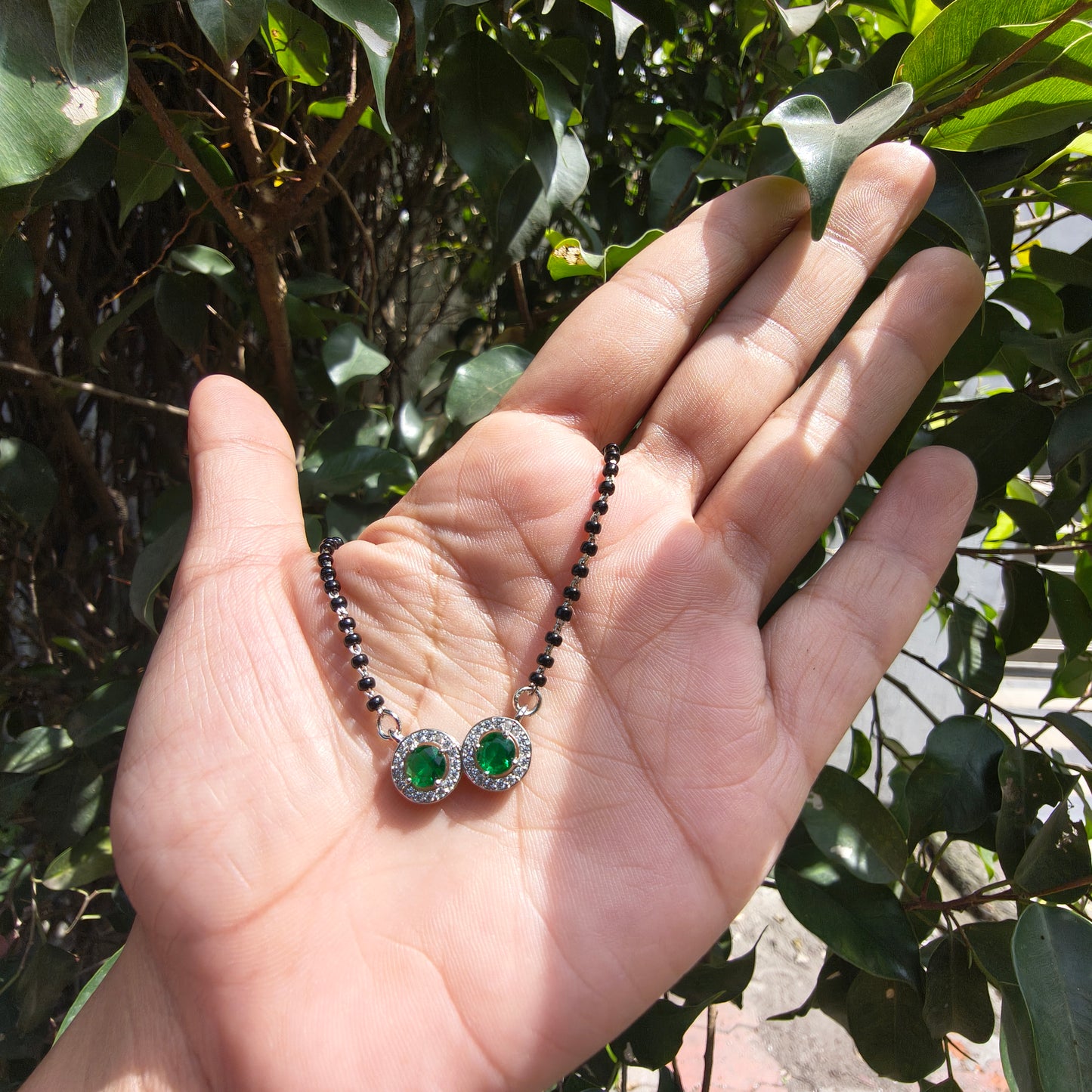Silver Modern DoubleCircle Green Mangalsutra