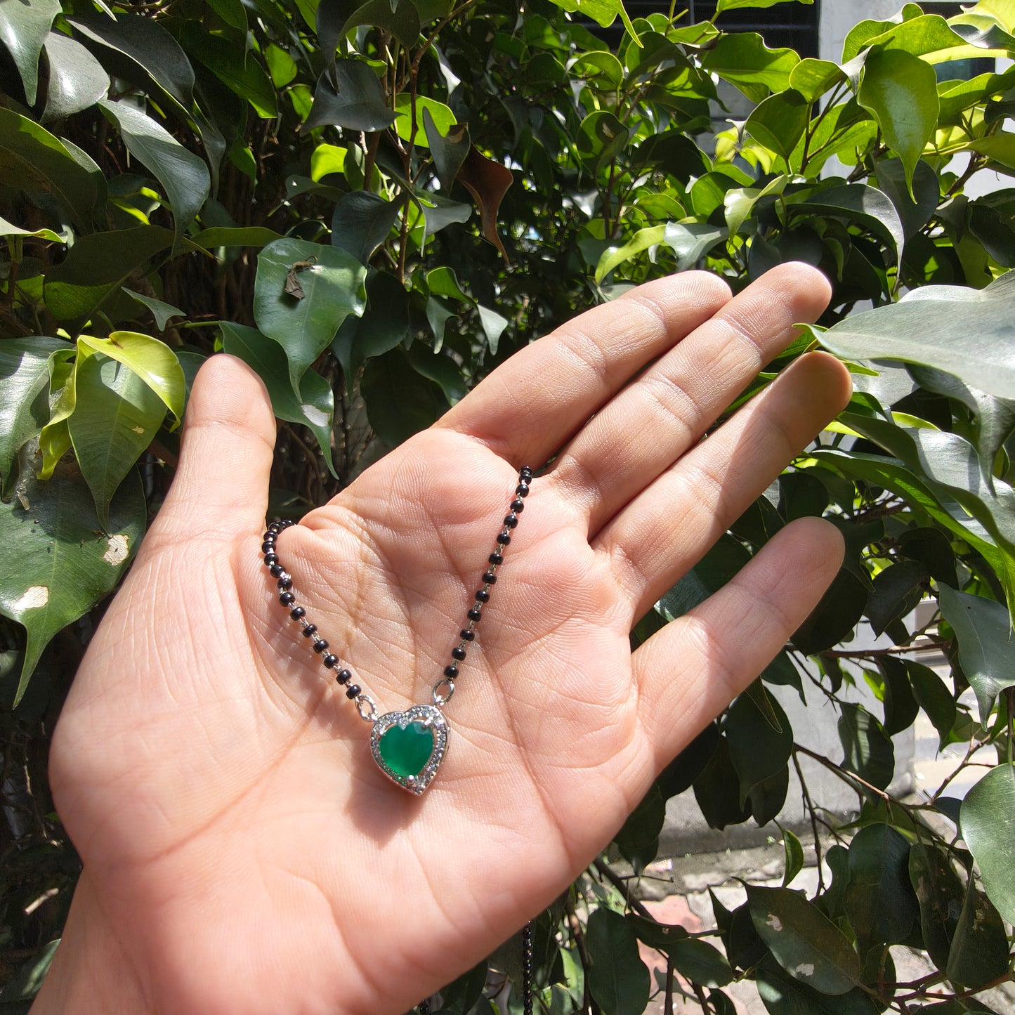 Silver Green Heart Pendant Mangalsutra