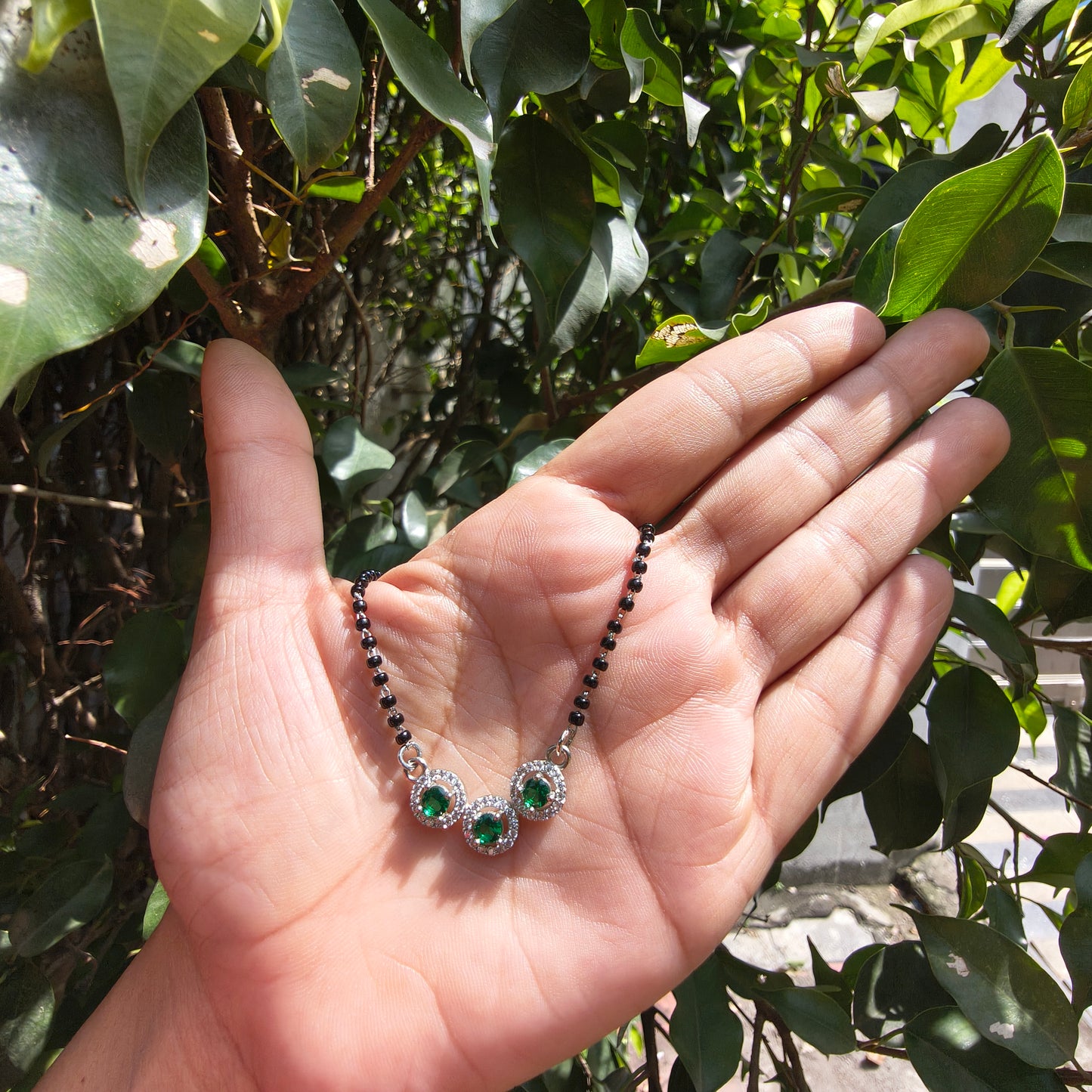 Silver Elegant TripleCircle Green Mangalsutra