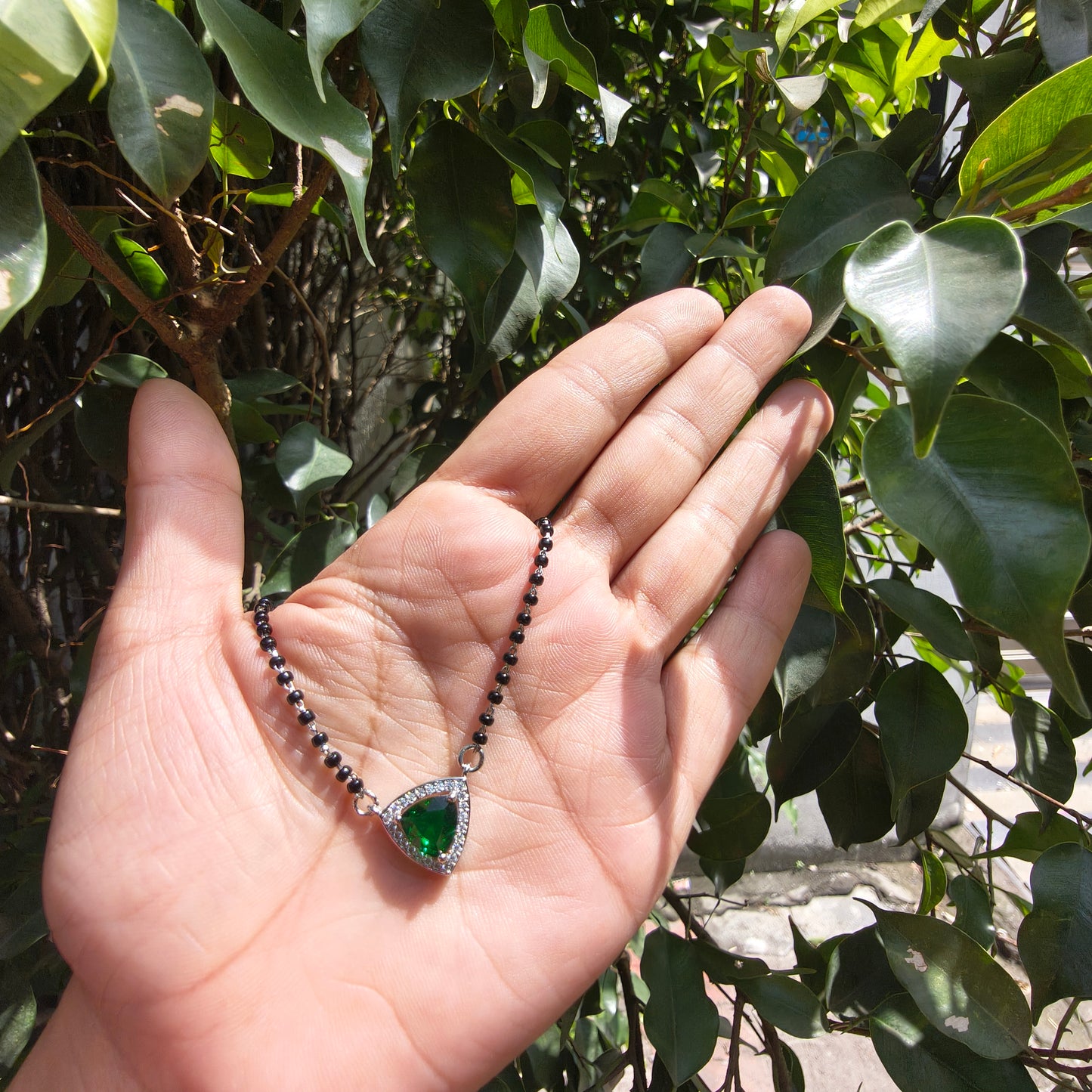 Silver Elegant Green Triangle Mangalsutra