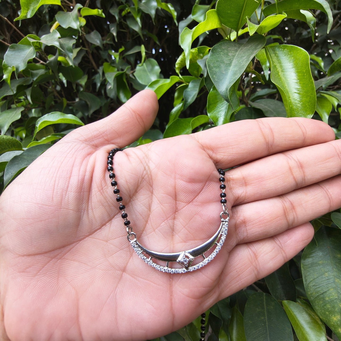 Silver Crescent Moon Pendant Mangalsutra