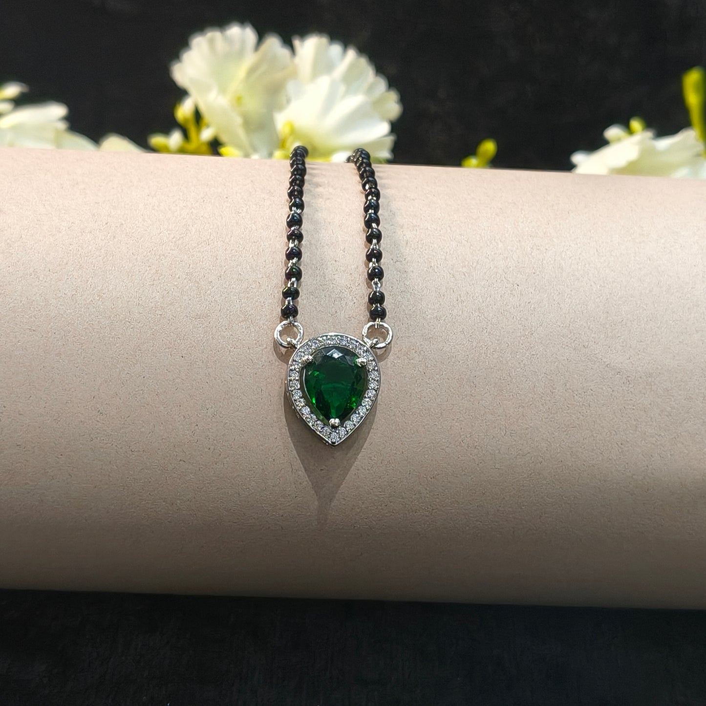 Silver Teardrop Green Mangalsutra