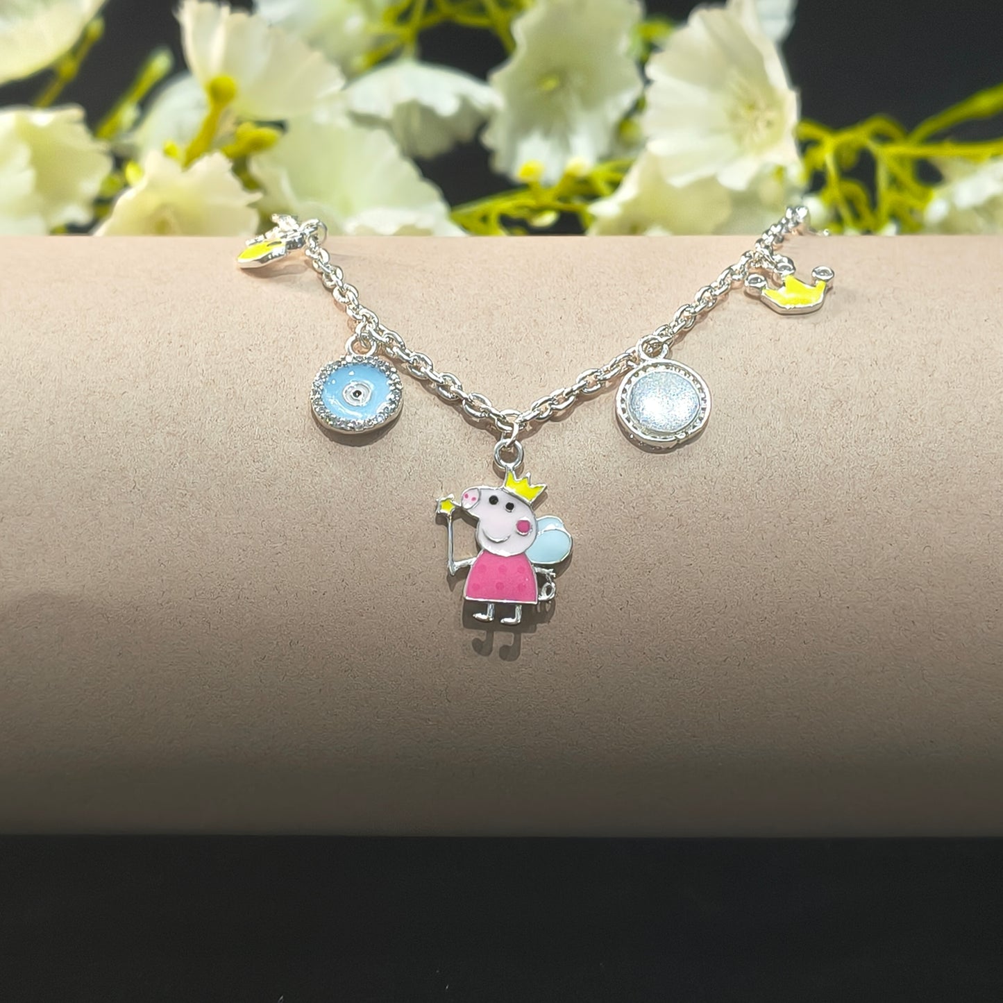 Silver Peppa Pig & Evil Eye Baby Bracelet