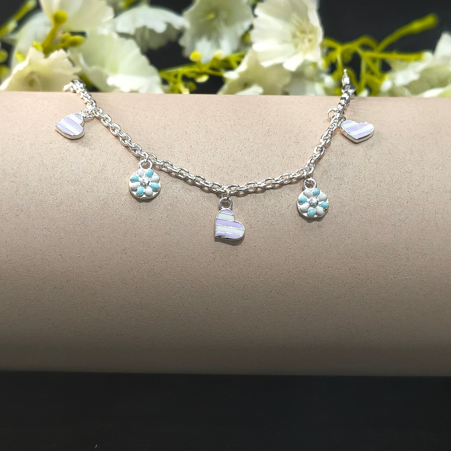 Silver Dainty Heart & Flower Baby Bracelet