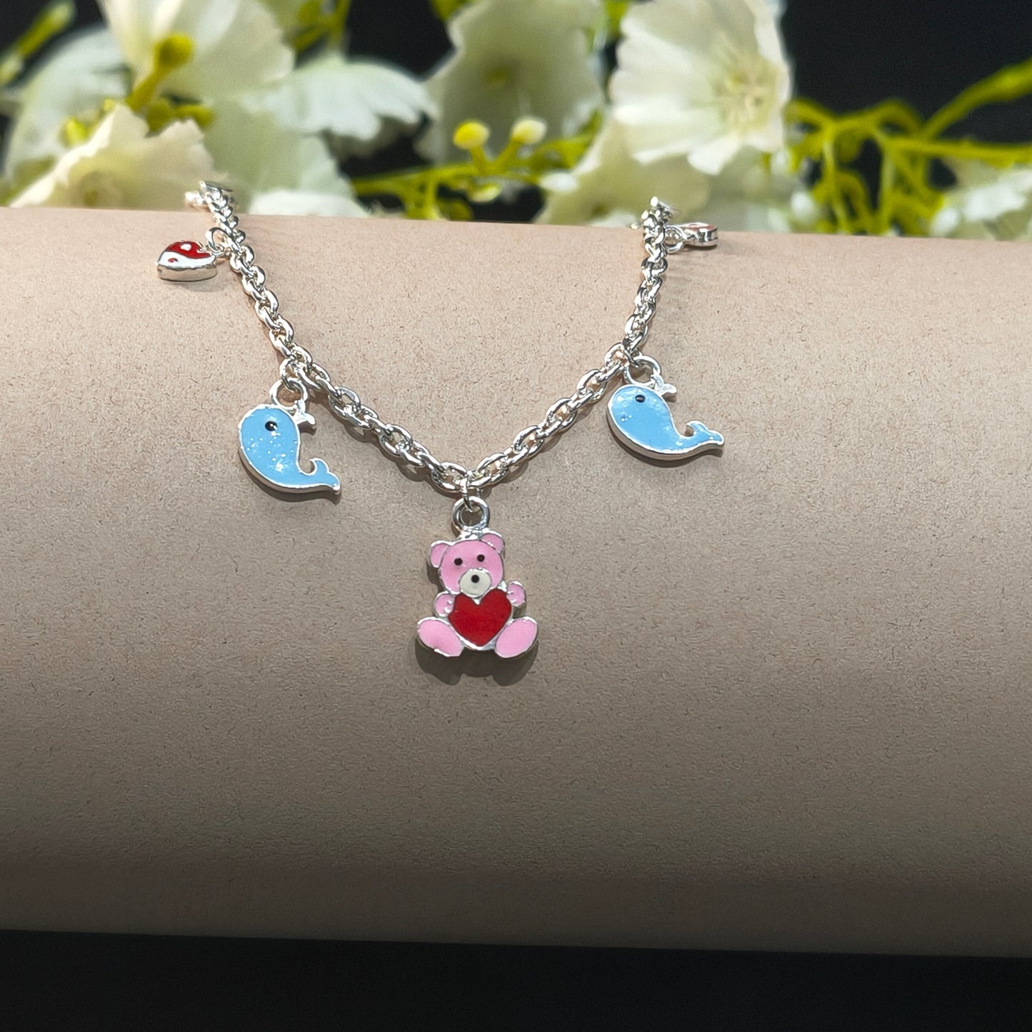 Silver Whale & Teddy Charm Baby Bracelet