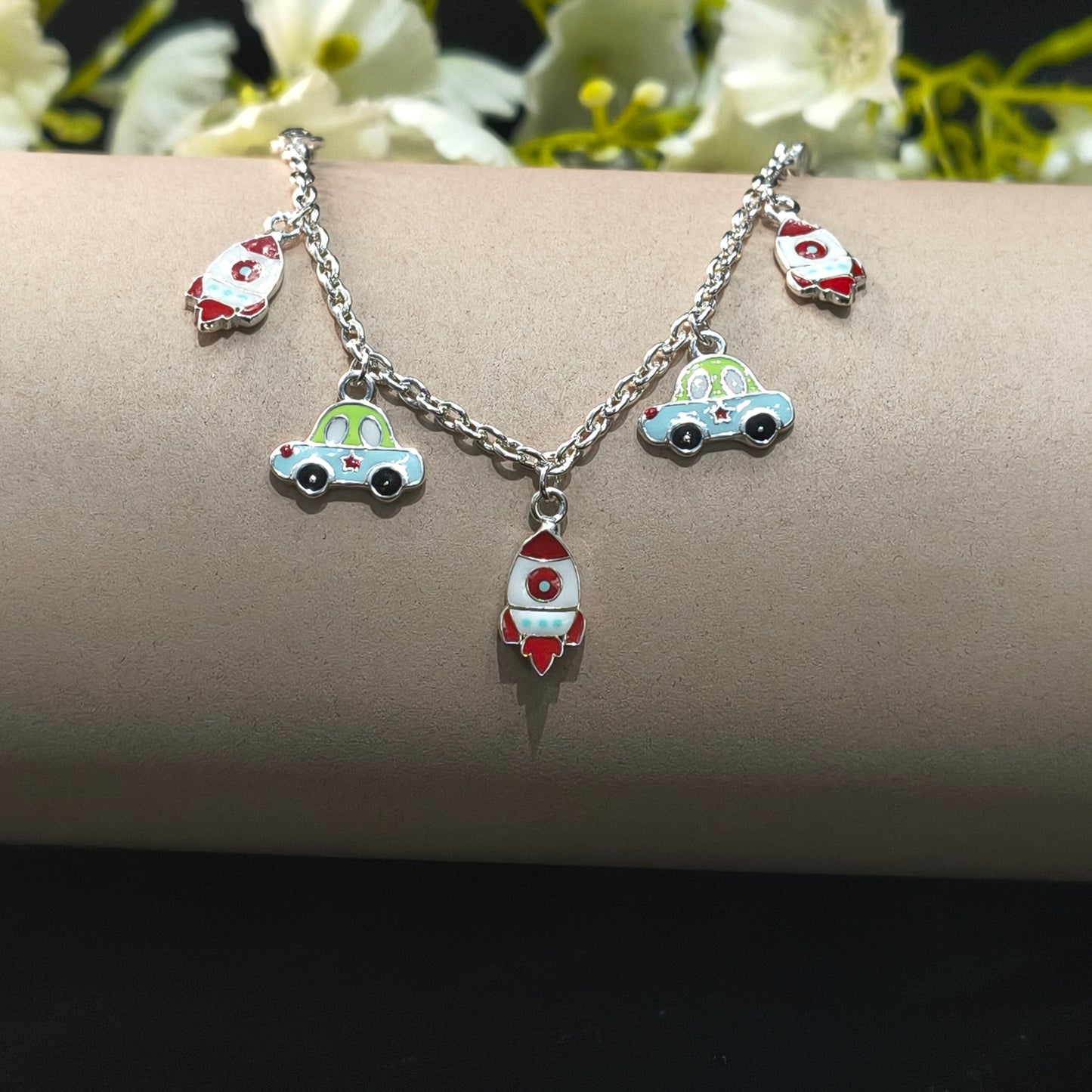 Silver Race Car & Rocket Baby Bracelet