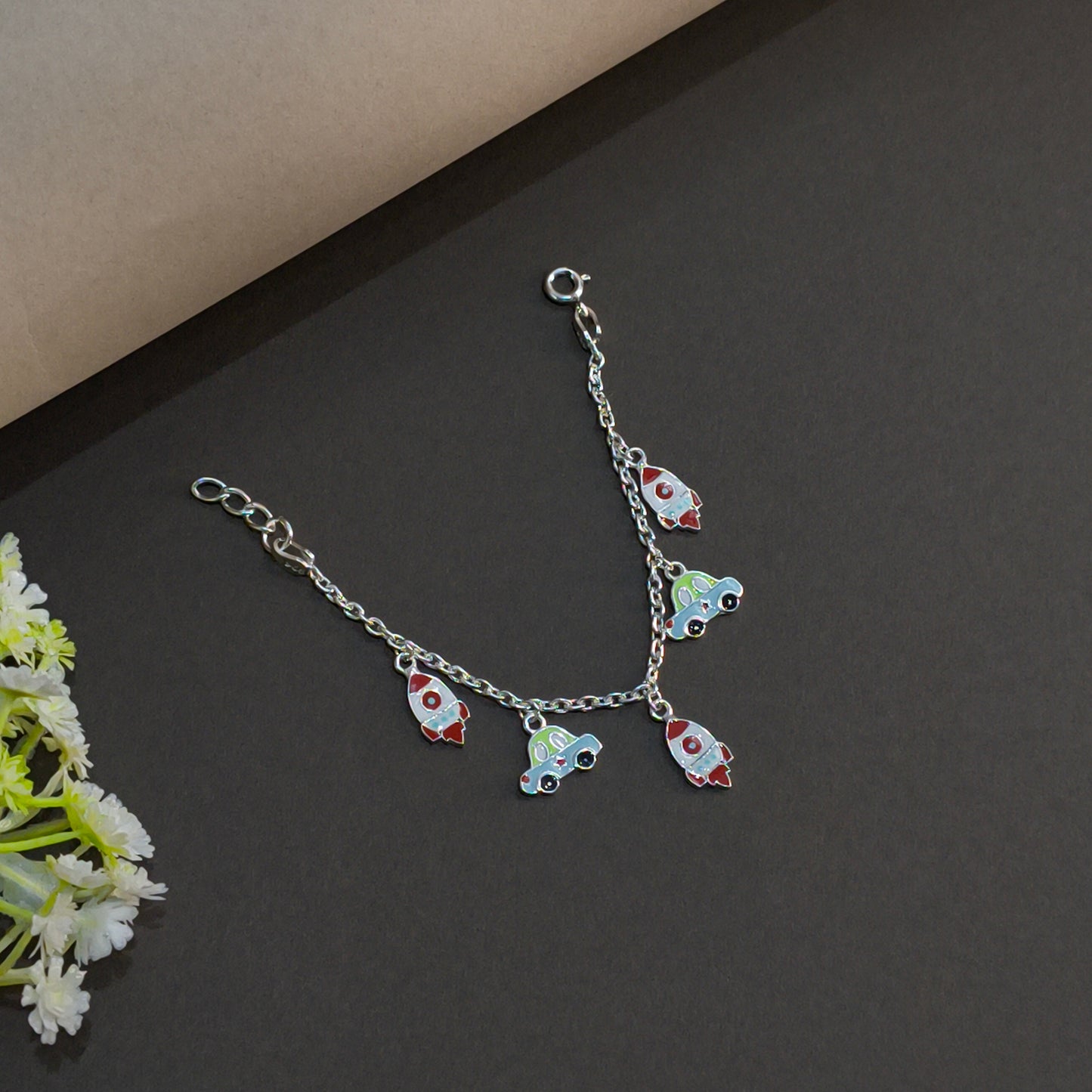 Silver Race Car & Rocket Baby Bracelet