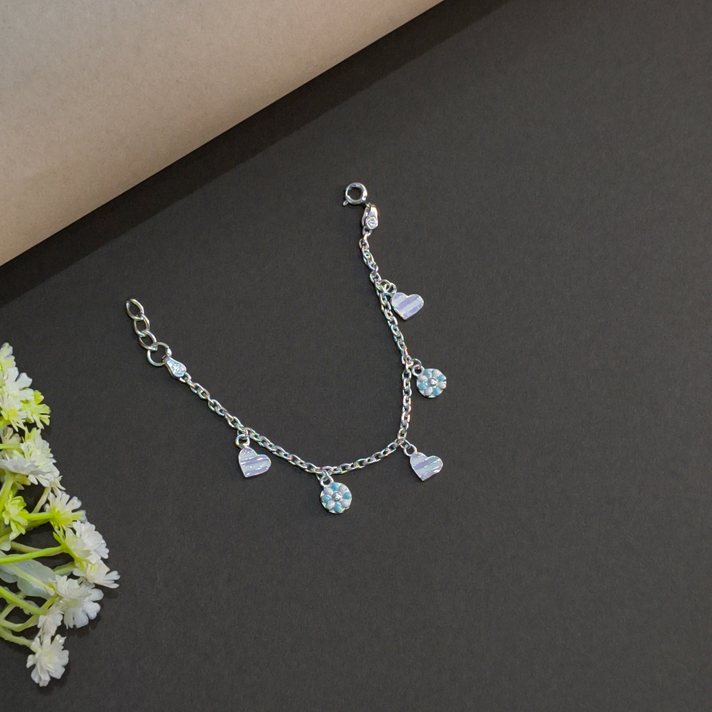 Silver Dainty Heart & Flower Baby Bracelet
