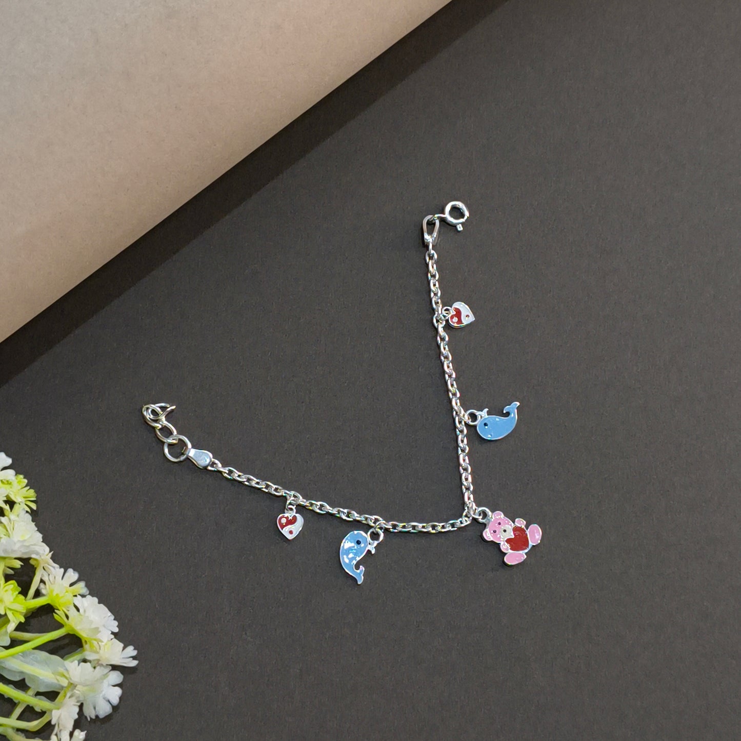 Silver Whale & Teddy Charm Baby Bracelet