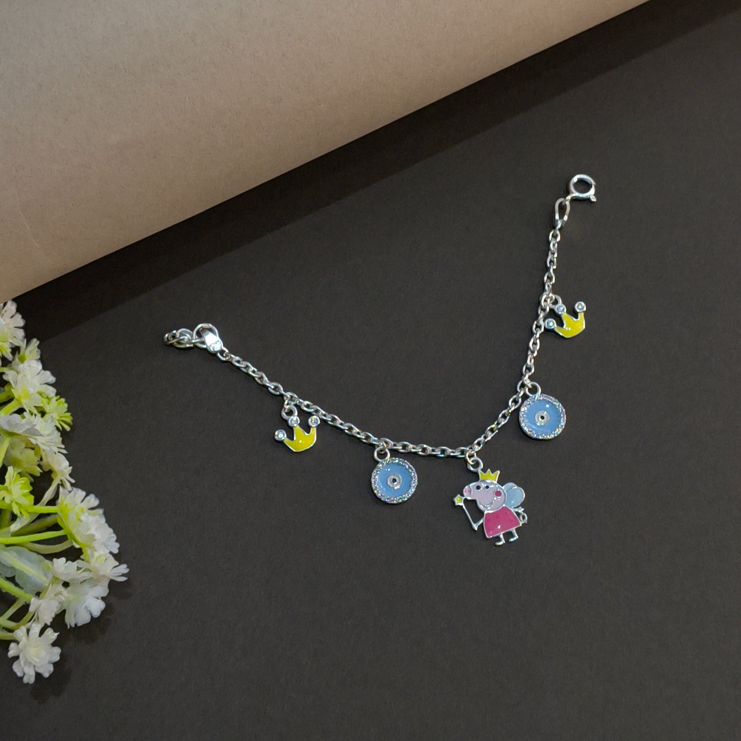 Silver Peppa Pig & Evil Eye Baby Bracelet