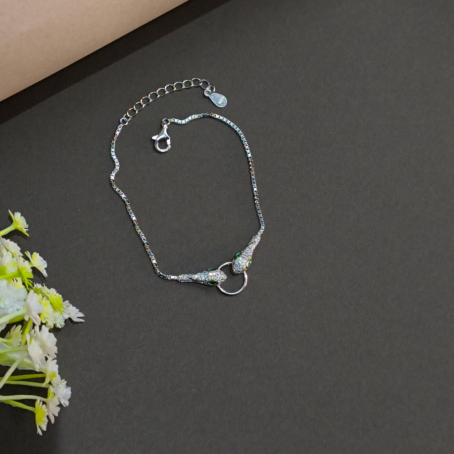 Silver Serpent Head Bracelet with Zircon Stones