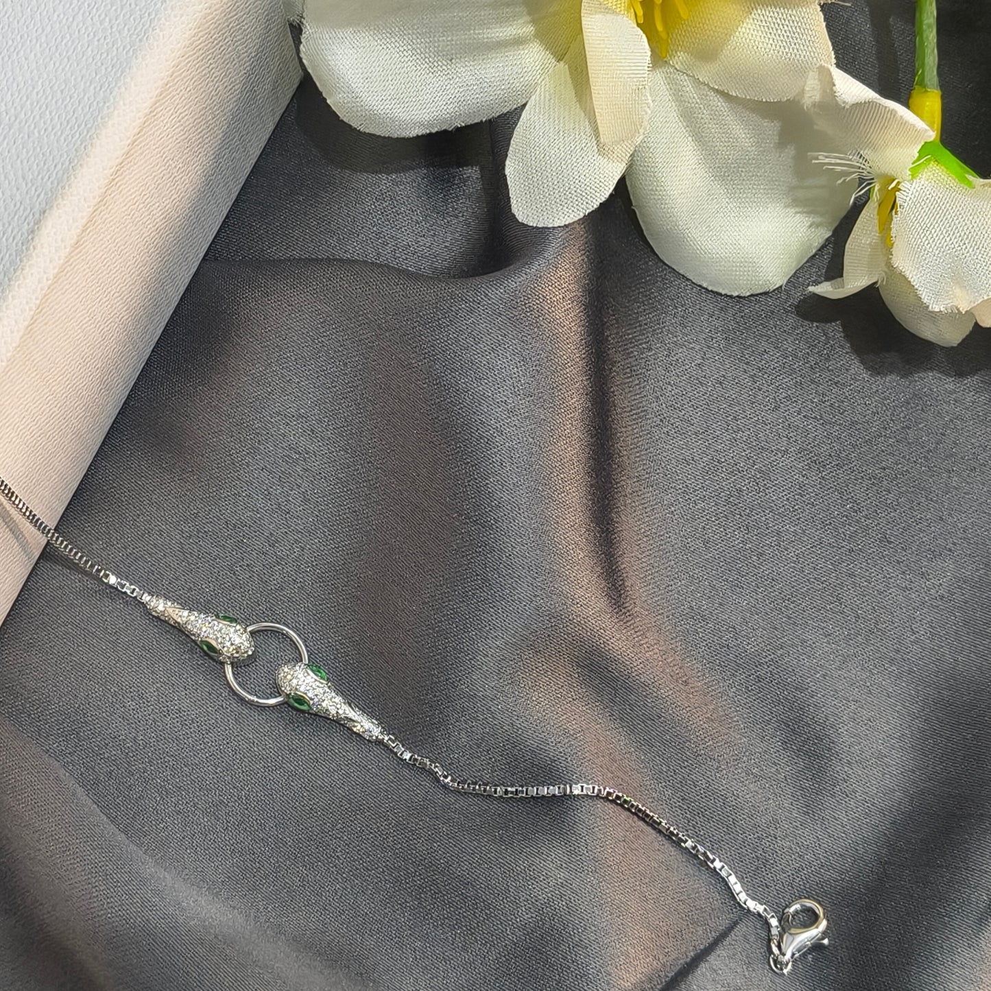 Silver Serpent Head Bracelet with Zircon Stones
