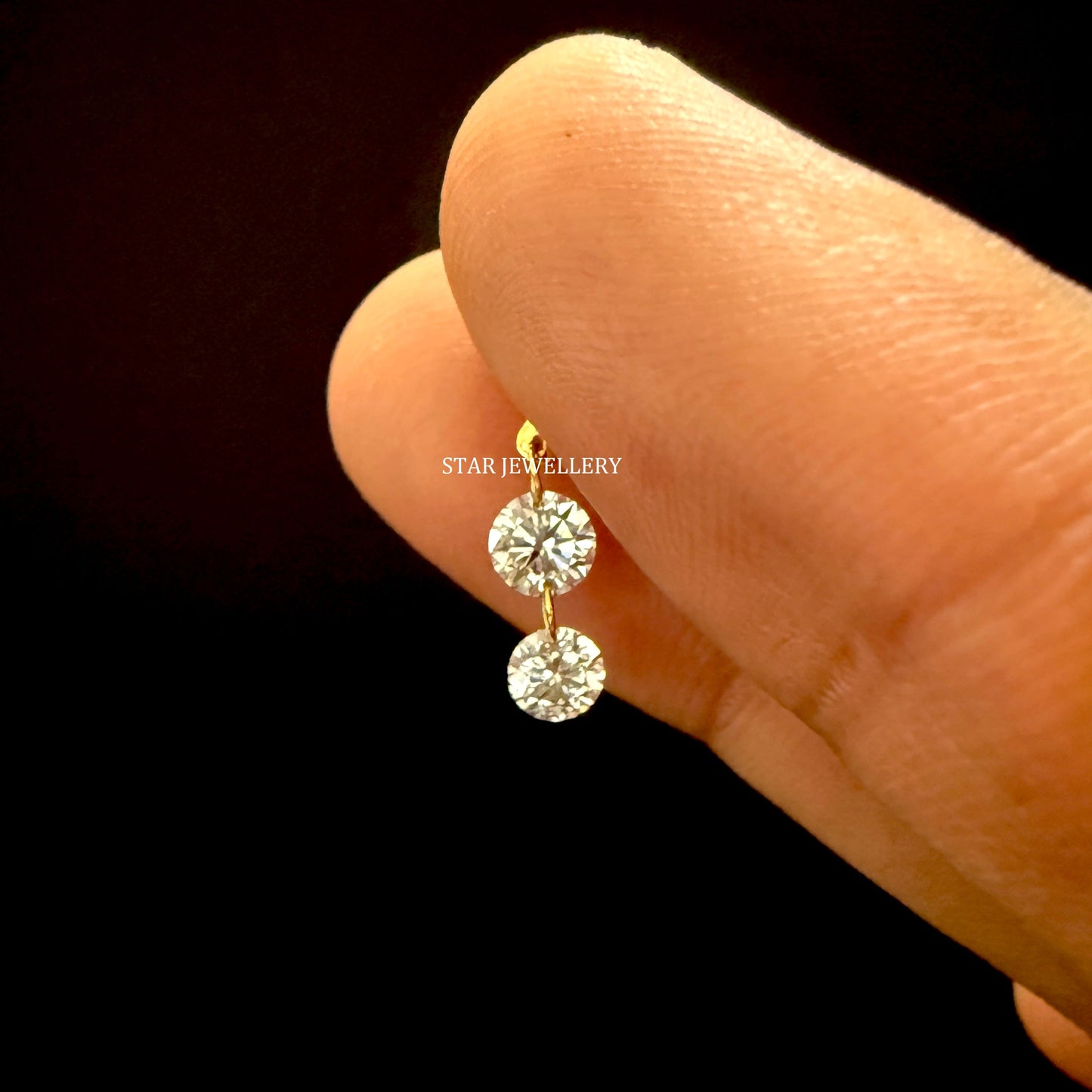 Solid Gold Lab Grown Diamond Dangle Earrings: Floating Double Round Cut
