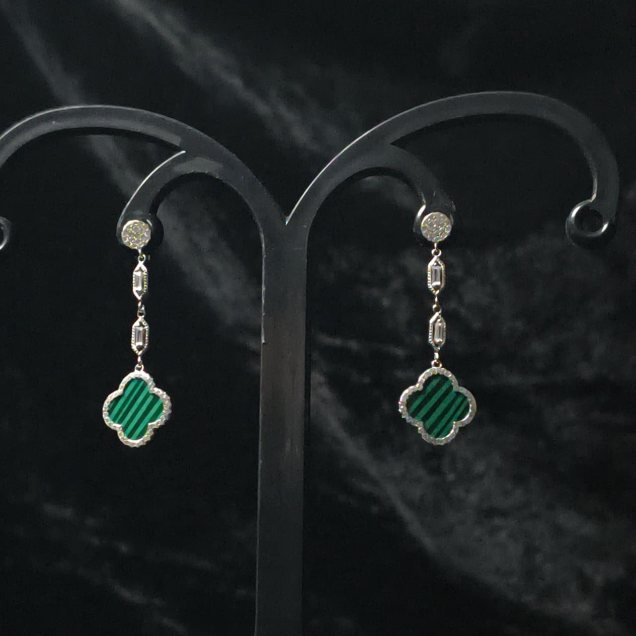 Silver Fourleaf Clover Statement Earrings in Green