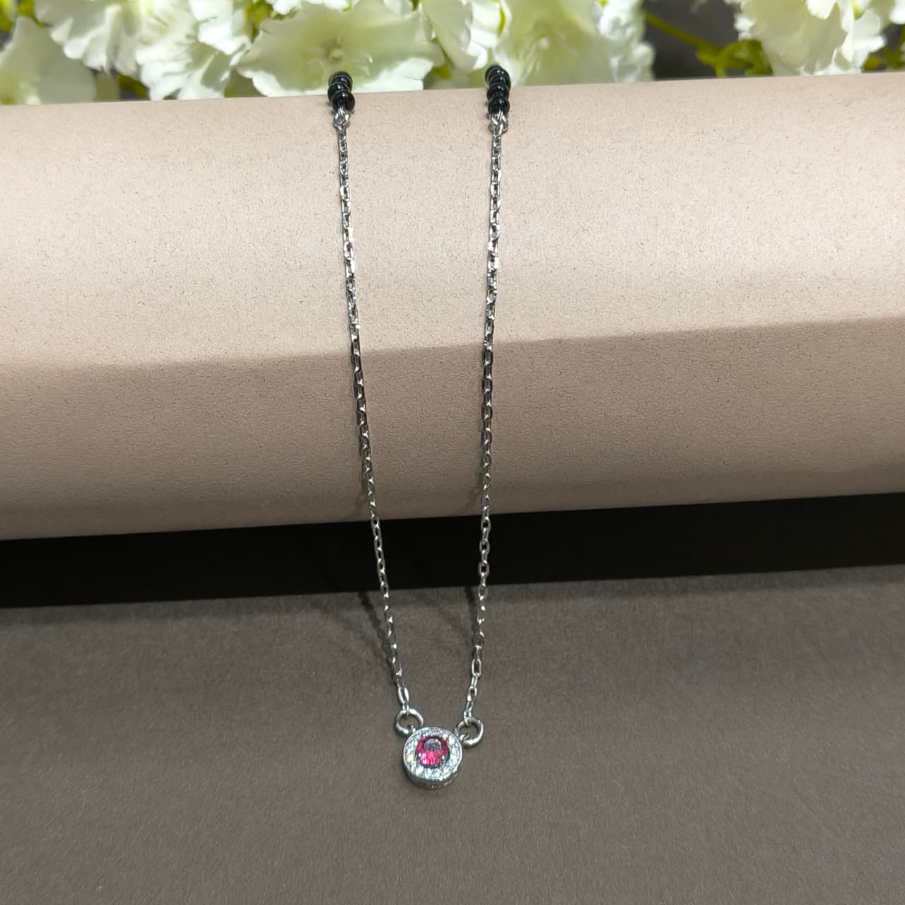 Silver Pink Stone With Chain Mangalsutra