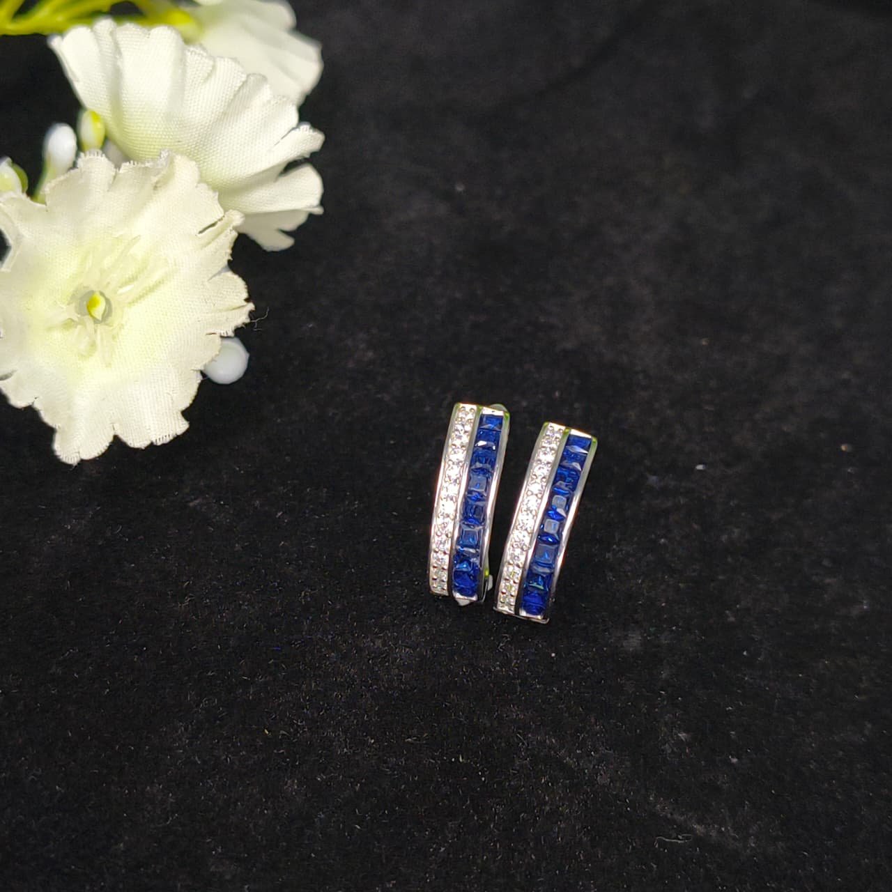 Silver Blue Gem Hoop Earrings