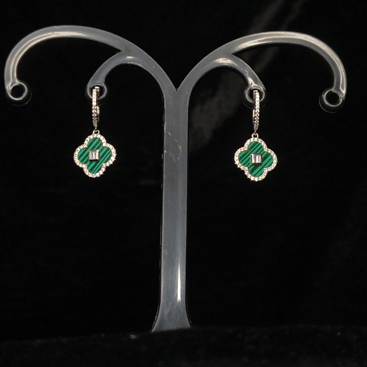 Silver Green Clover Hoops Earring