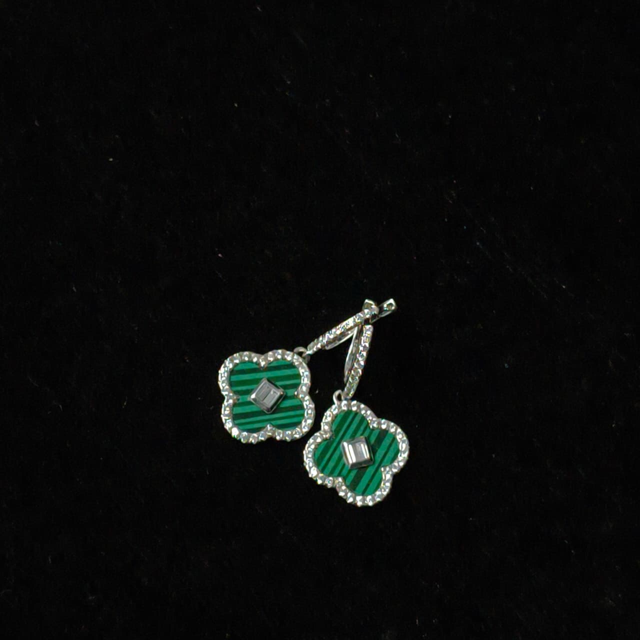 Silver Green Clover Hoops Earring