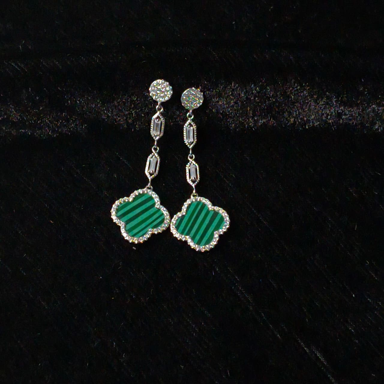 Silver Fourleaf Clover Statement Earrings in Green