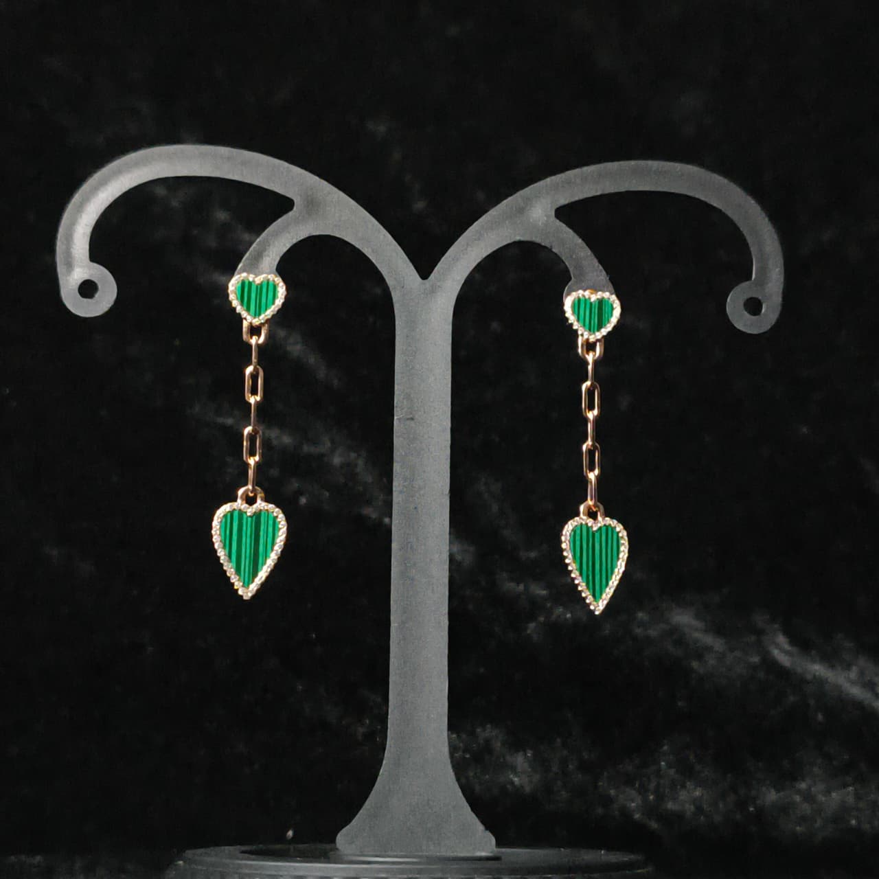 RoseGold Plated Silver Drop Heart Earrings in Green