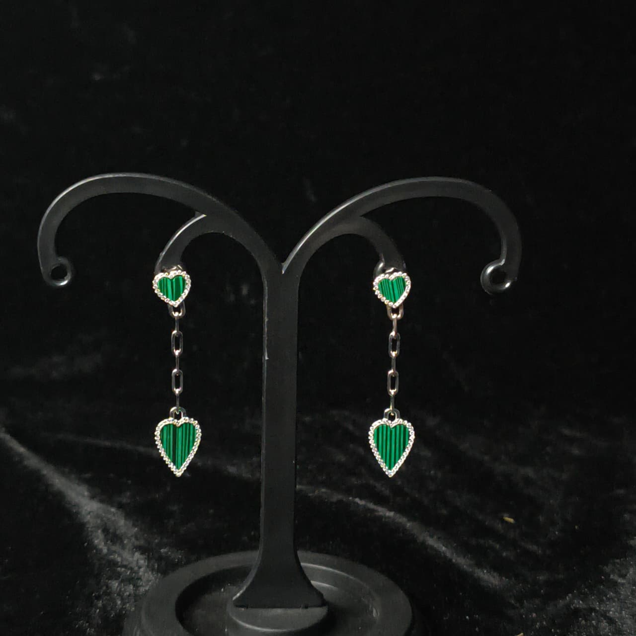 Silver Drop Heart Earrings in Green