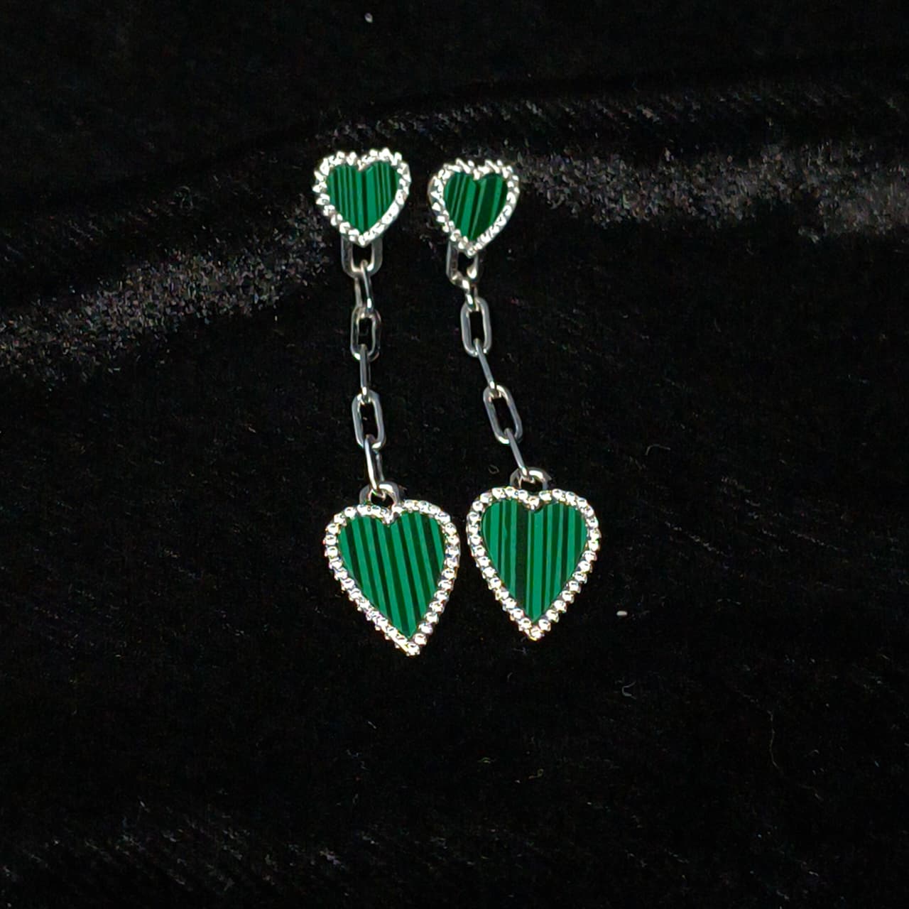 Silver Drop Heart Earrings in Green