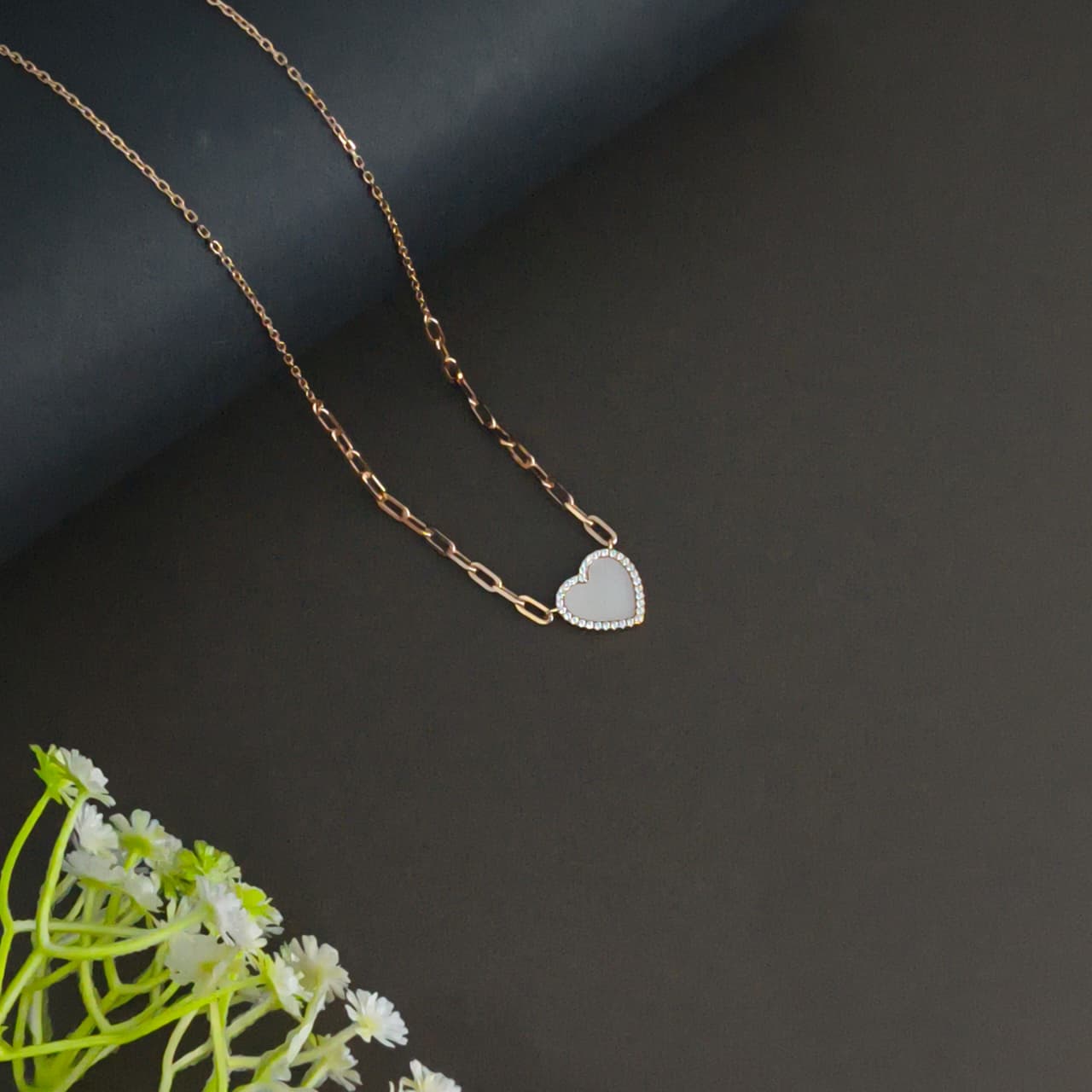 Rose Gold Plated Silver Milky Quartz Heart Necklace