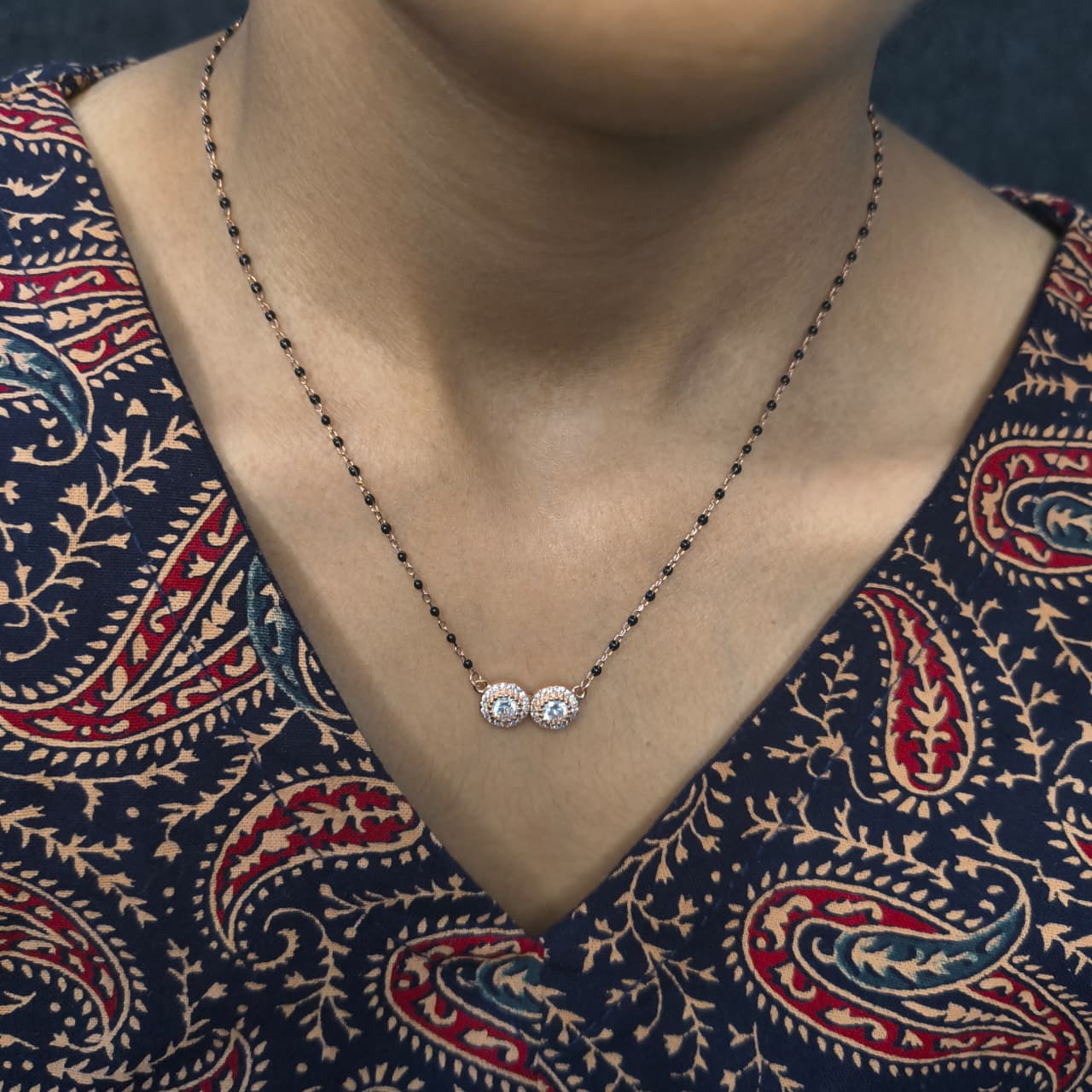 RoseGold Plated Double Circle White Stone Mangalsutra