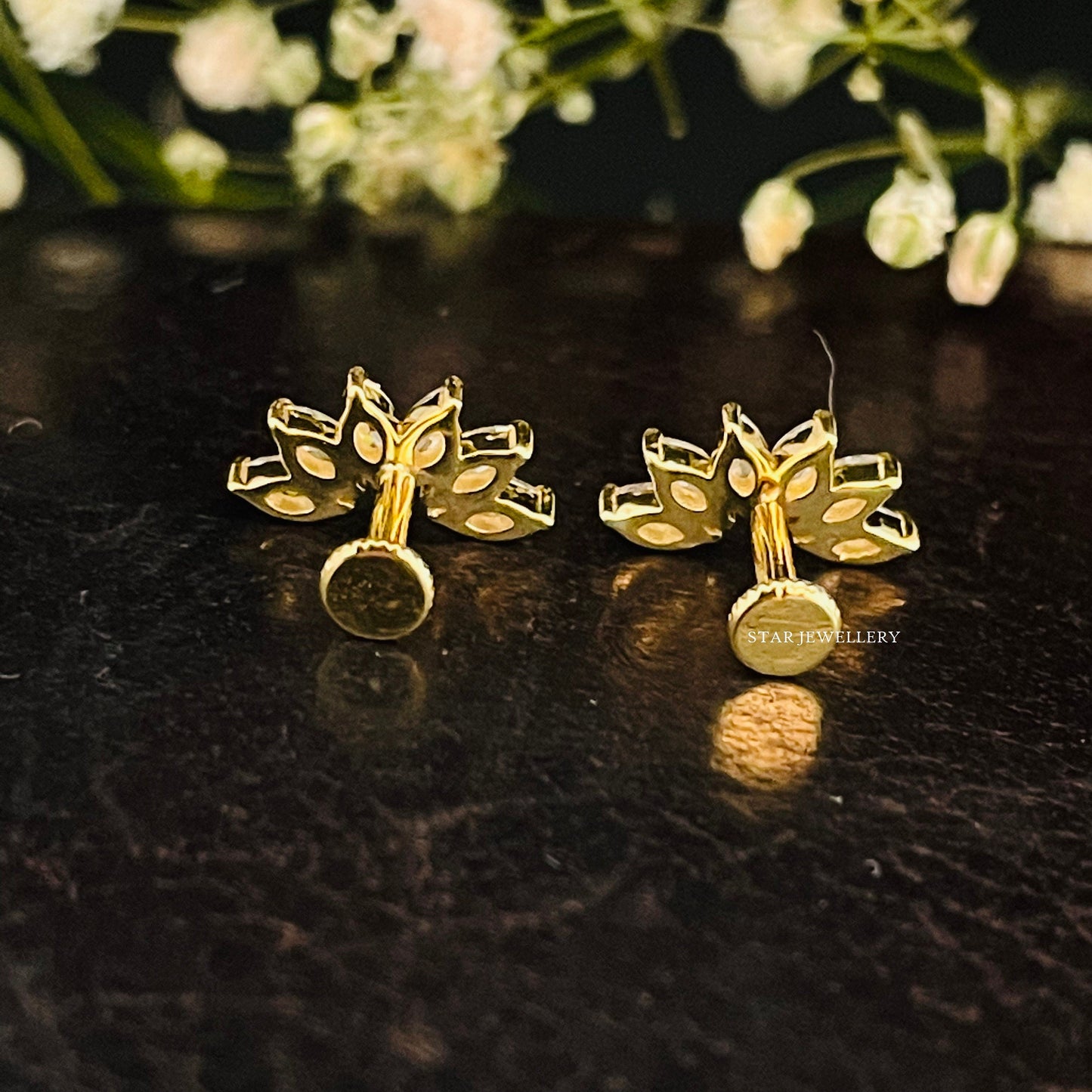 14K Solid Gold Lotus Stud Diamond Piercing
