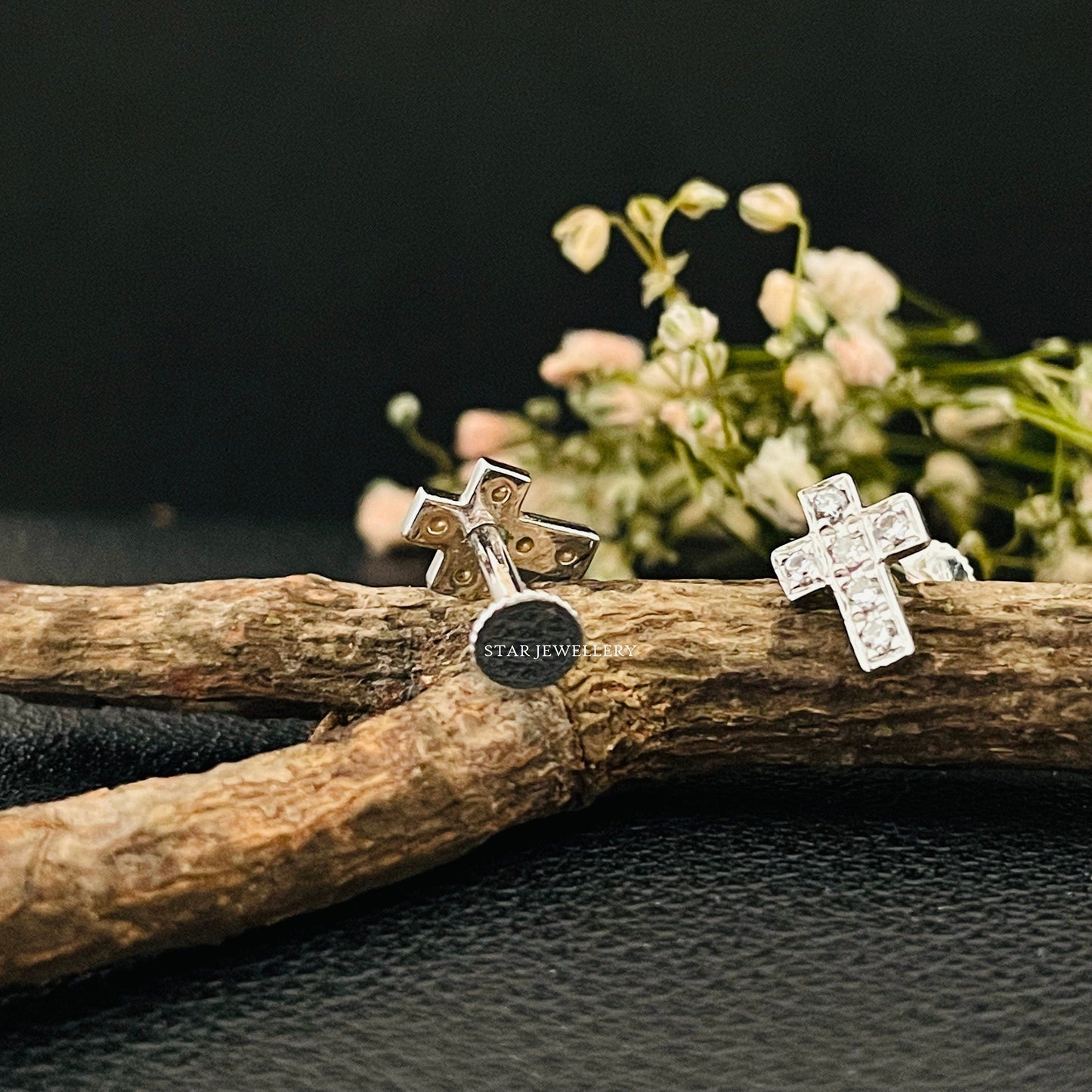 14K Gold Diamond Cross Studs Ear Piercings