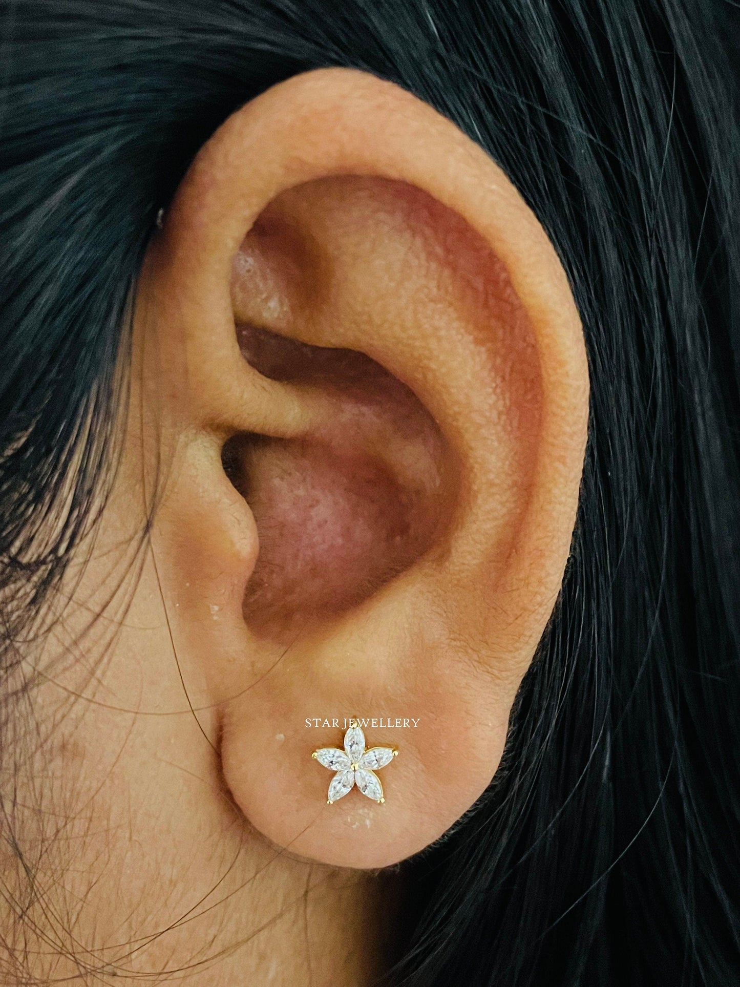 14K Solid Gold STAR Marquise Diamond Piercing, STAR Piercing for Ear Lobe, Tragus, Helix and Conch, Star Piercing with Genuine Diamond