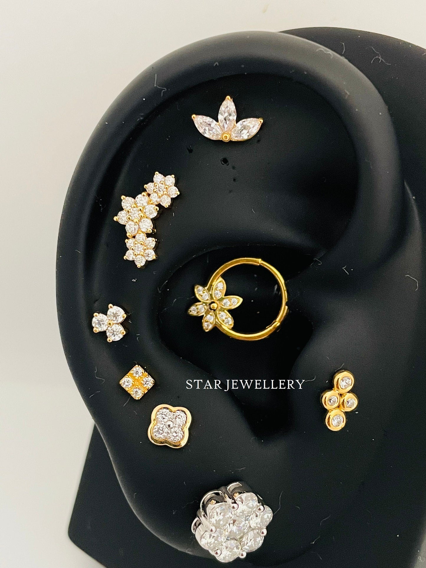 14K Solid Gold Natural Diamond Floral Daith Piercing