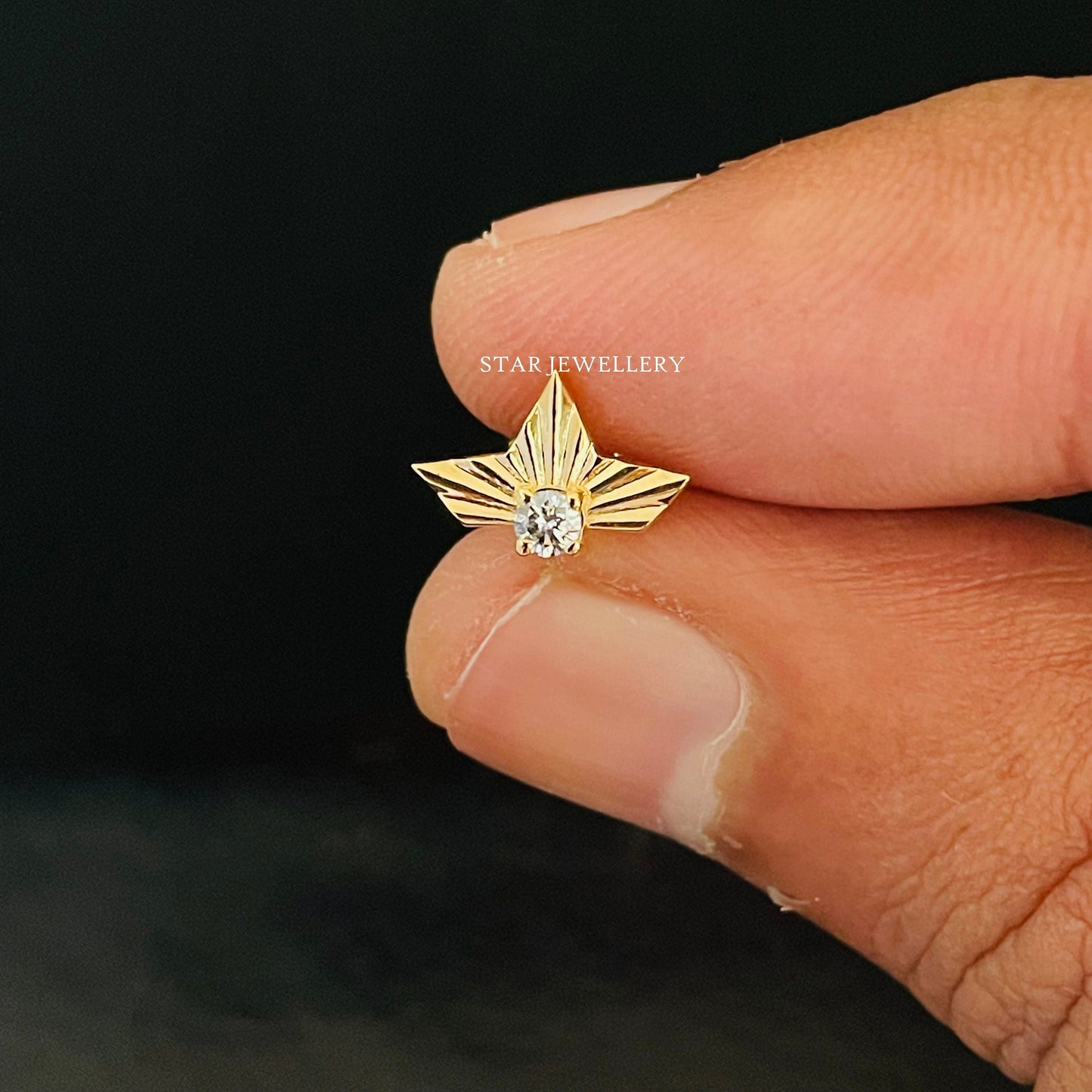 14K Solid Gold Diamond Half Lotus Stud Earring